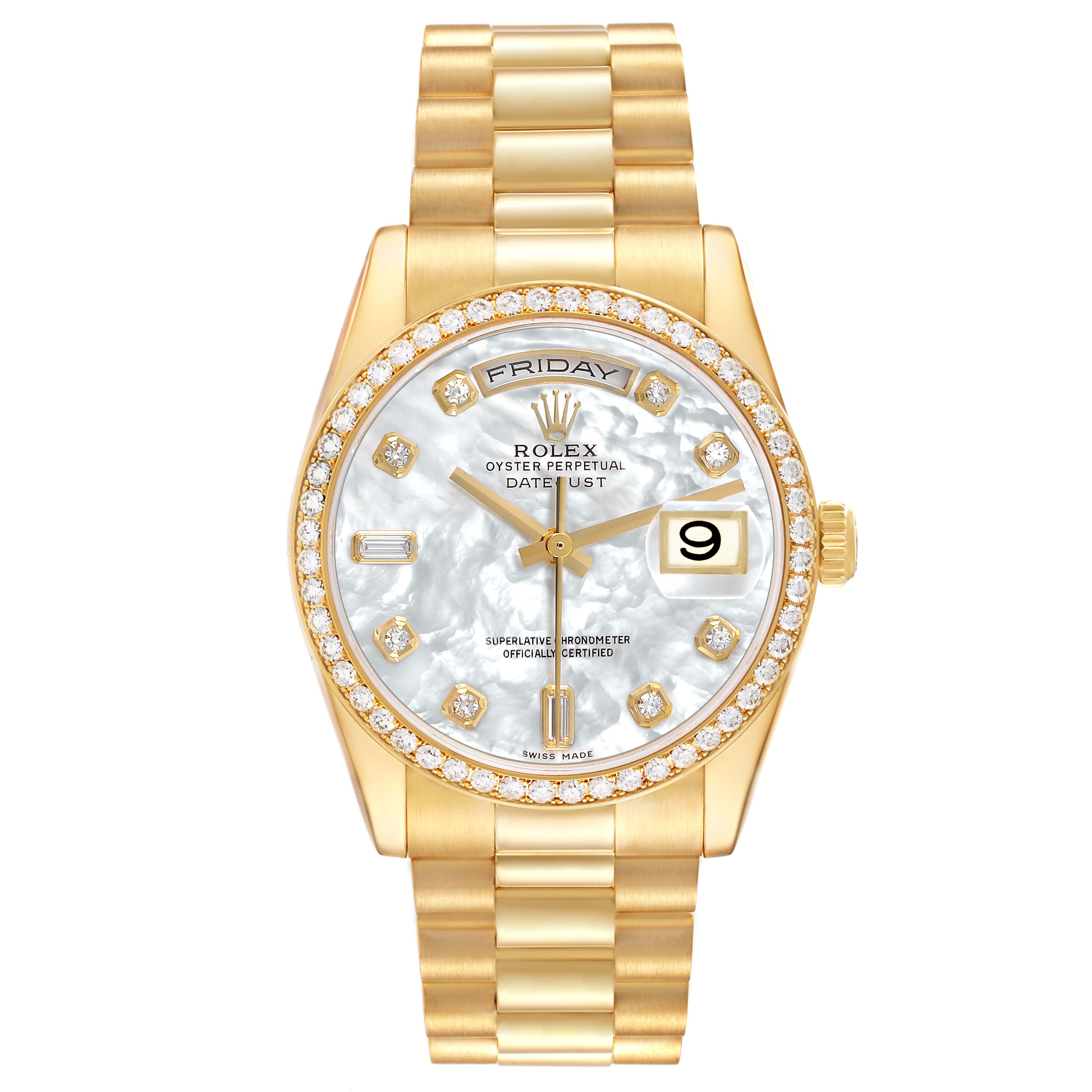 The Rolex President 118348 Men's Yellow Gold Mother of Pearl Dial model watch is shown from a frontal angle, highlighting the dial, bezel, crown, and bracelet.