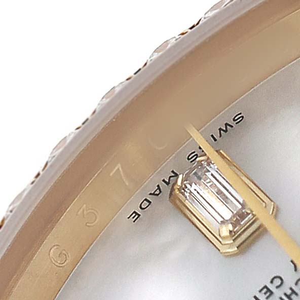 The image shows a close-up of the Rolex President 118348 Men's Yellow Gold Mother of Pearl Dial watch face, highlighting the diamond marker and part of the watch hand.