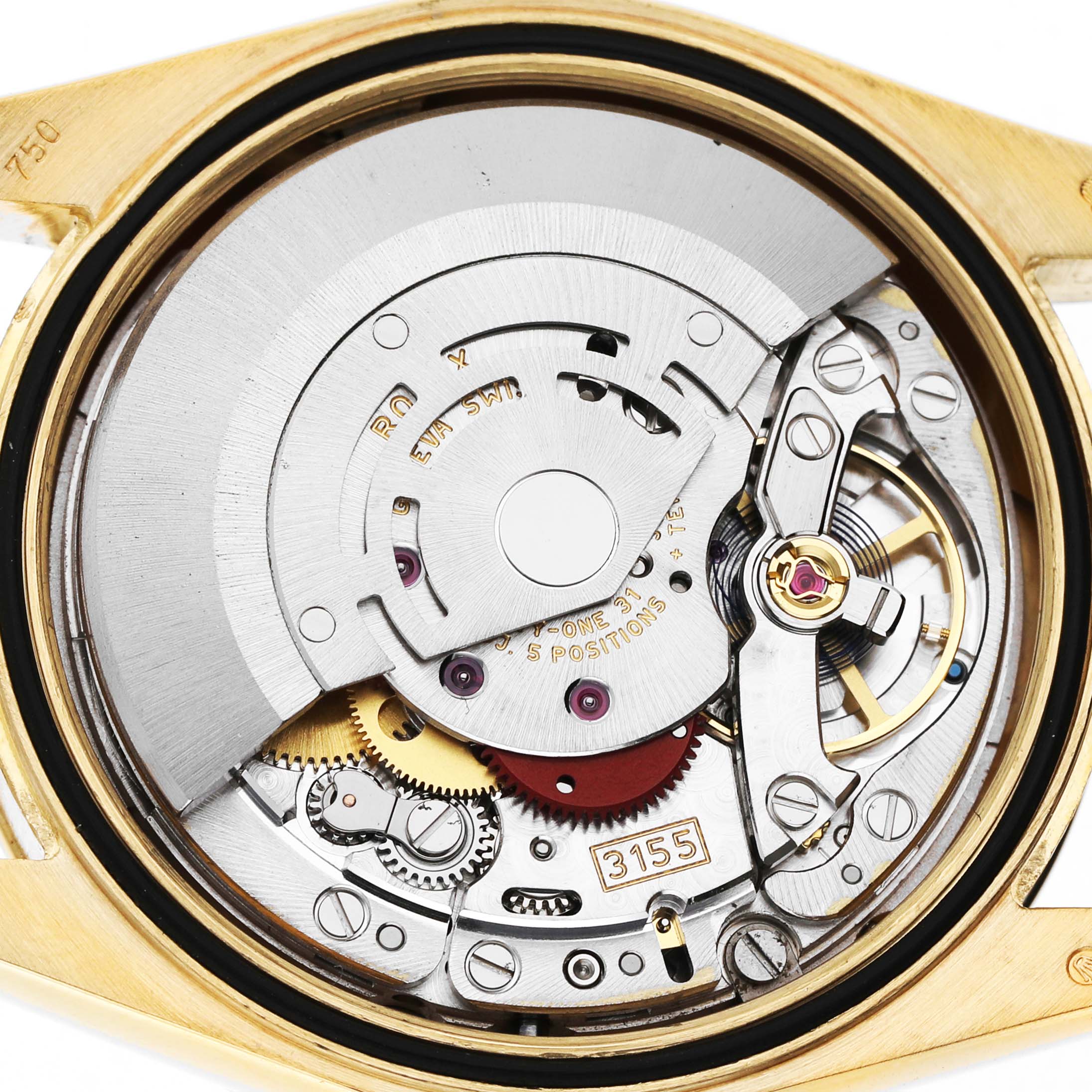 The image shows the inner mechanical movement of a Rolex President 118348 Men's Yellow Gold Mother of Pearl Dial watch from a top-down angle.