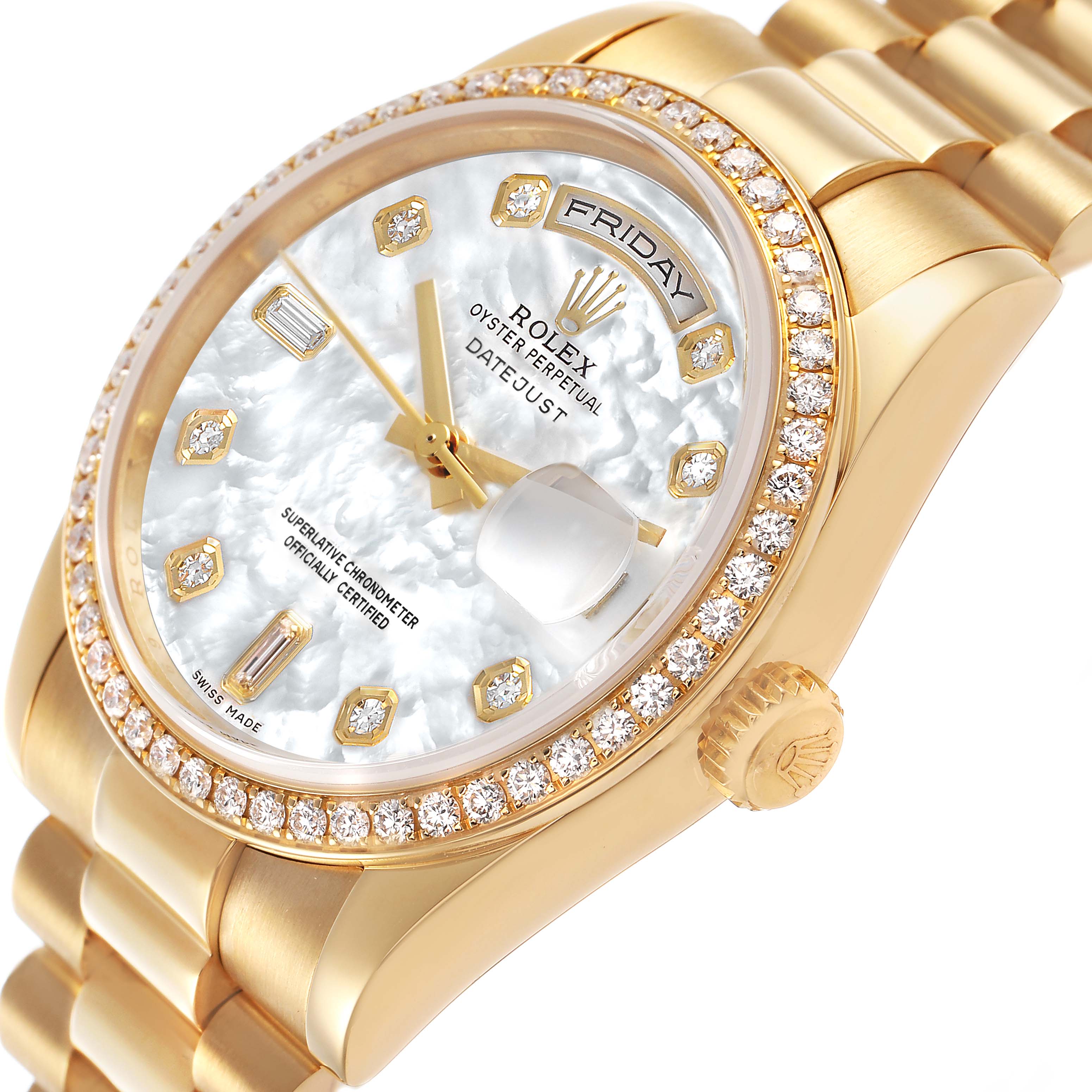 The Rolex President 118348 Men's Yellow Gold Mother of Pearl Dial model is shown at an angle highlighting the face, diamond bezel, crown, and part of the gold bracelet.