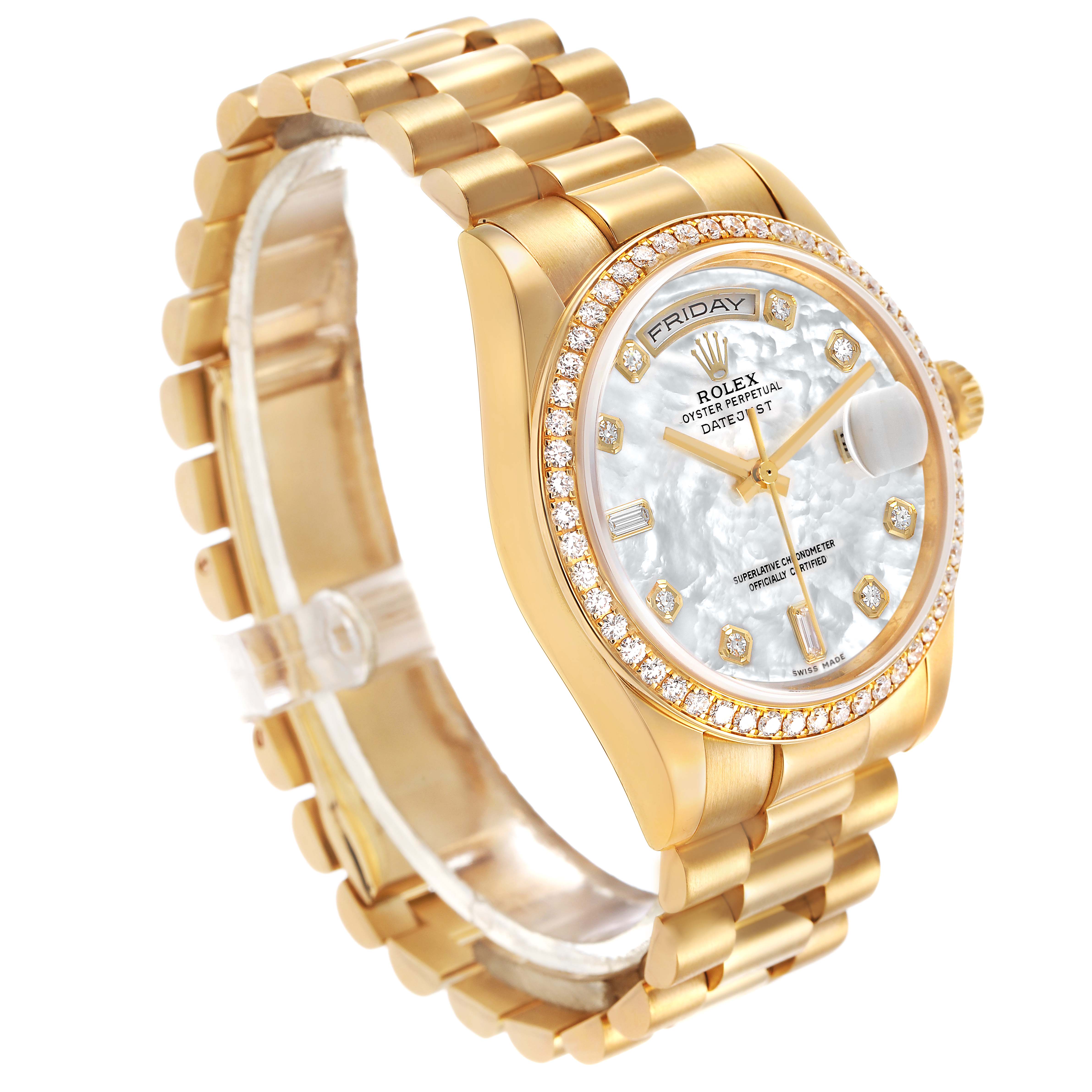 The Rolex President 118348 Men's Yellow Gold Mother of Pearl Dial watch is shown at a three-quarter angle, highlighting the gold bracelet, diamond bezel, and dial.