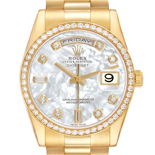 The Rolex President 118348 Men's Yellow Gold Mother of Pearl Dial watch is shown from the front, highlighting its diamond bezel, dial, and day-date feature.