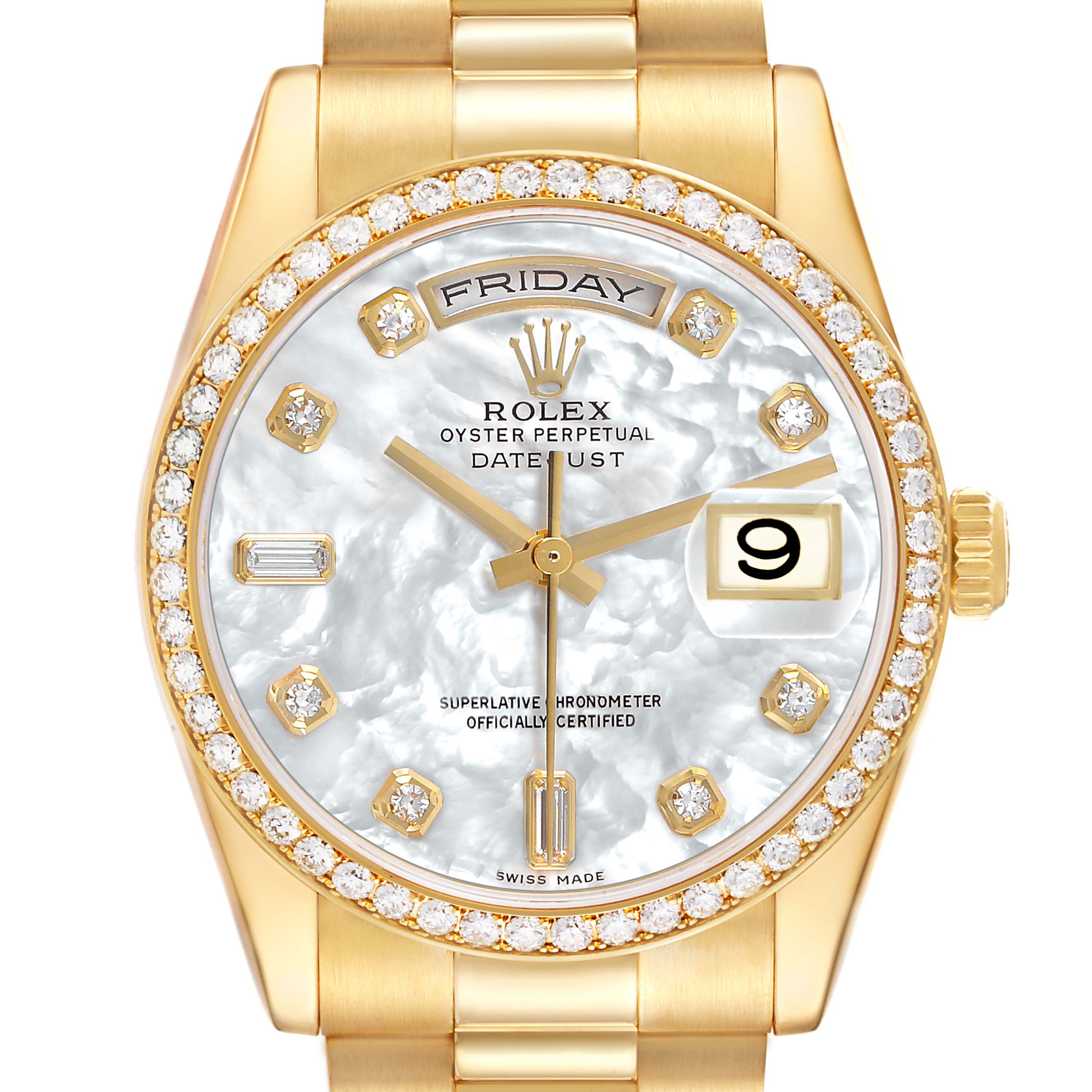 The Rolex President 118348 Men's Yellow Gold Mother of Pearl Dial model watch is shown from the front, highlighting its gold case, diamond bezel, and day-date display.