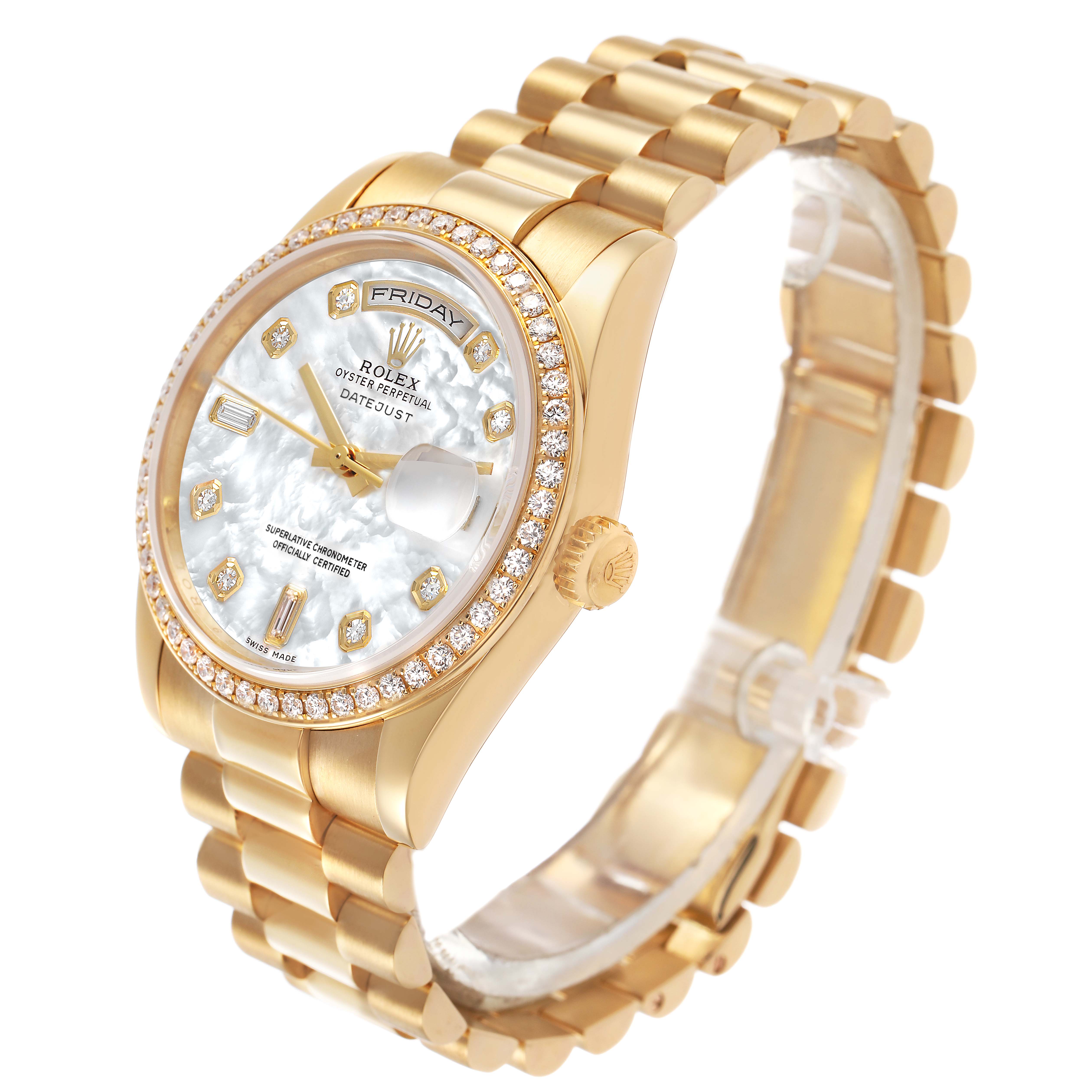 The Rolex President 118348 Men's Yellow Gold Mother of Pearl Dial watch is shown at an angled view, highlighting the face, diamond bezel, and bracelet.