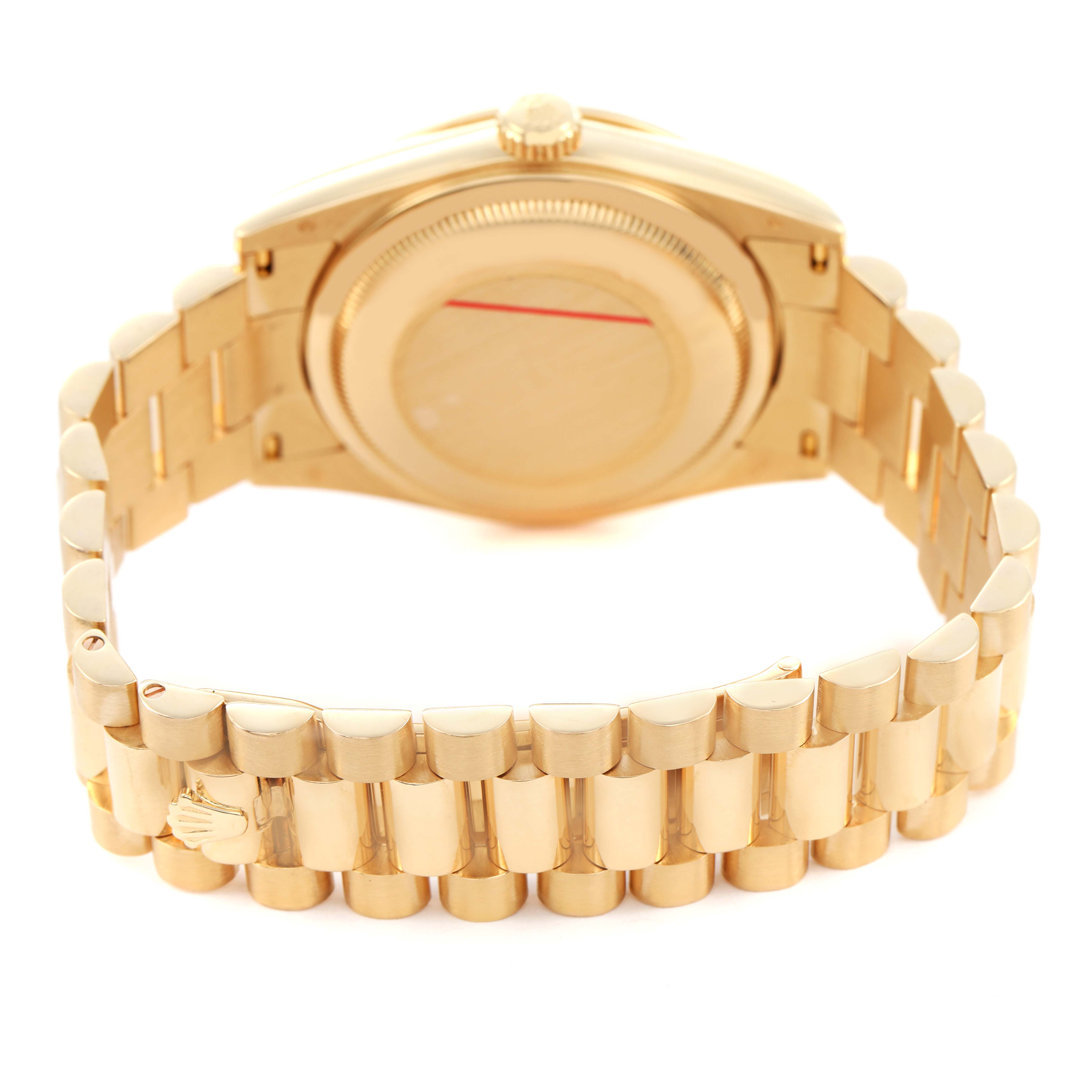 The image shows the back of a Rolex President 118348 Men's Yellow Gold Mother of Pearl Dial model, highlighting the gold bracelet and clasp.
