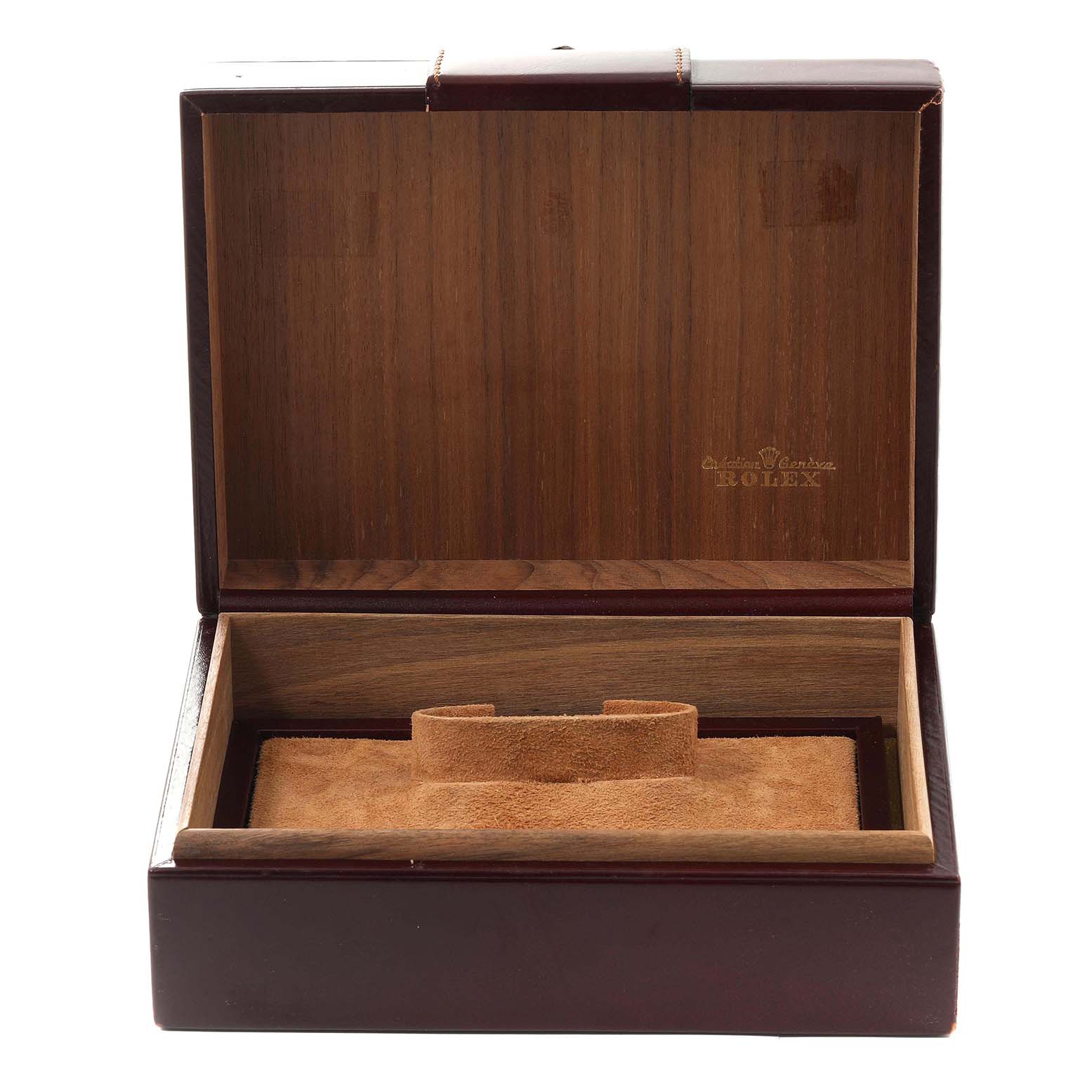 This image shows an empty wooden Rolex President 78266 Women
s Platinum Blue Dial 78266 Women
s Platinum Blue Dial watch box with an open lid and a velvet interior.