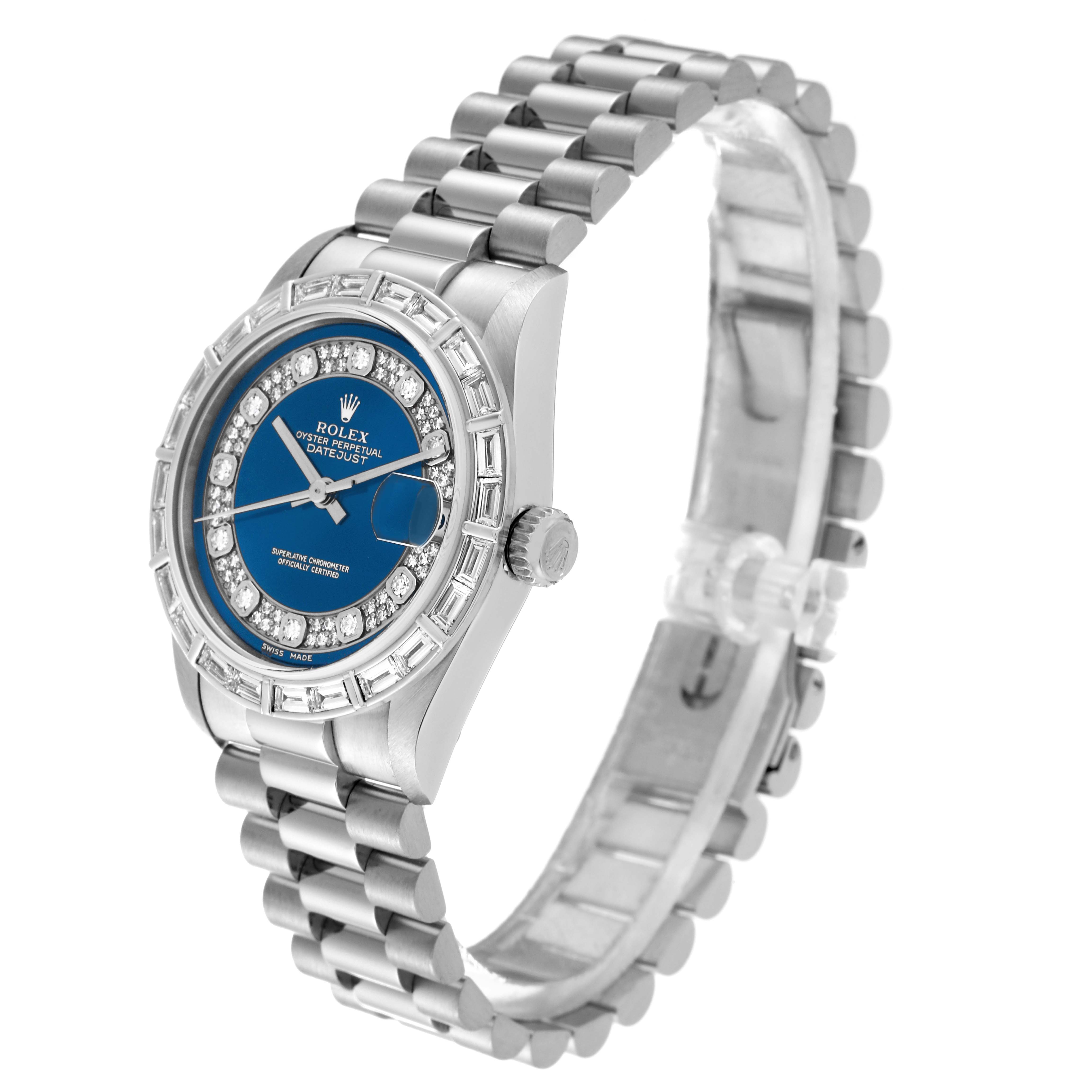 The image shows the Rolex President 78266 Women
s Platinum Blue Dial 78266 Women
s Platinum Blue Dial model watch from a three-quarter angle, highlighting the face, bezel, and band.