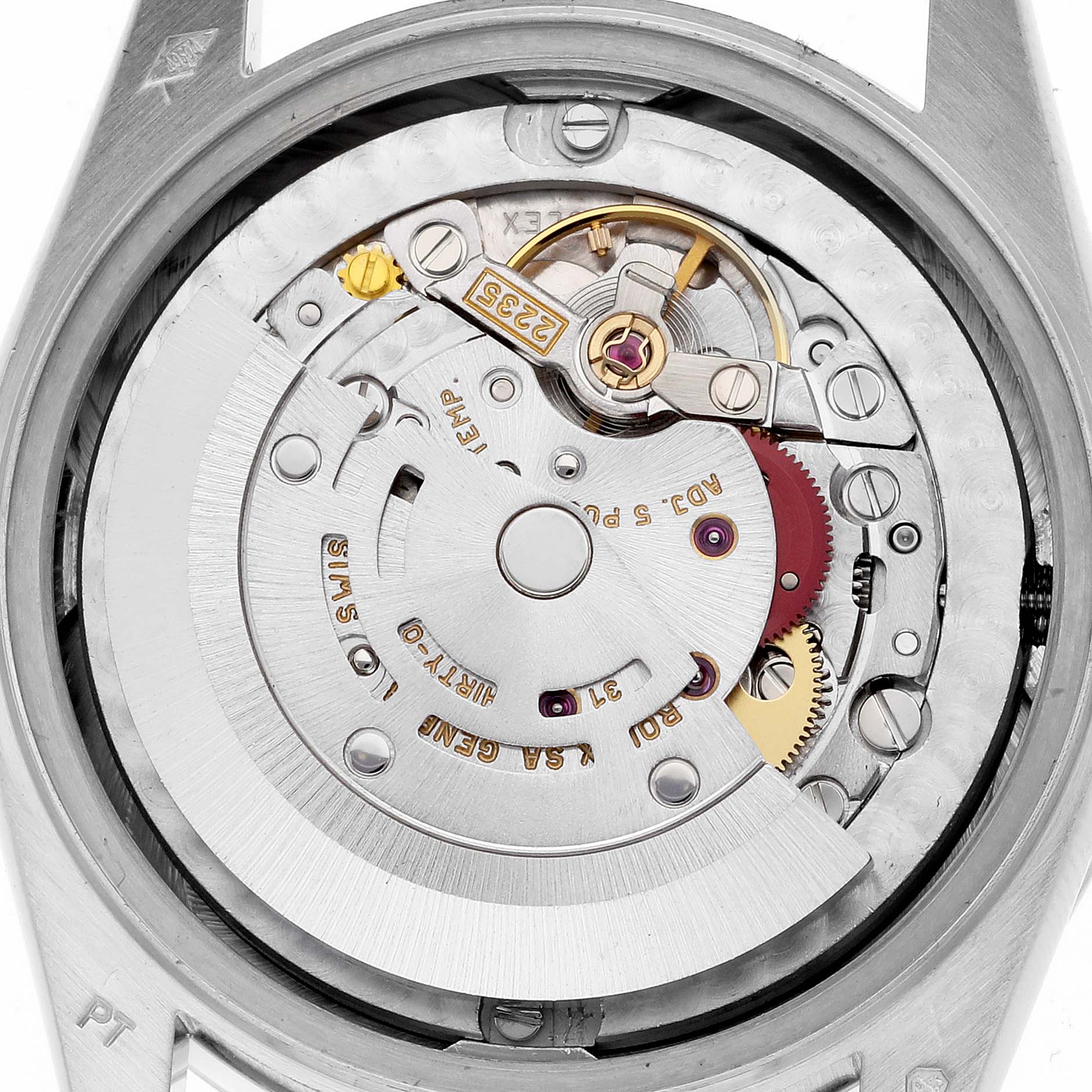 This image shows the internal mechanism of a Rolex President 78266 Women
s Platinum Blue Dial 78266 Women
s Platinum Blue Dial model watch viewed from the back.