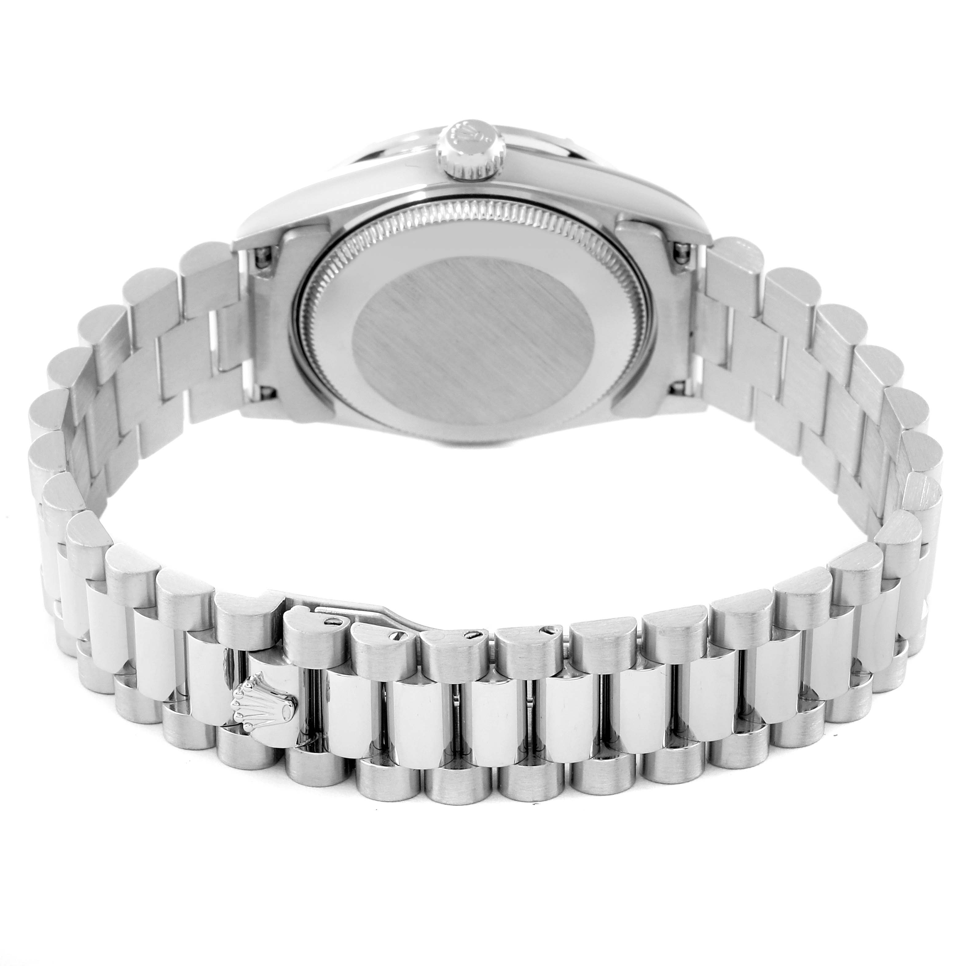 This image shows the back and bracelet of a Rolex President 78266 Women
s Platinum Blue Dial 78266 Women
s Platinum Blue Dial model watch, highlighting the clasp and case back.