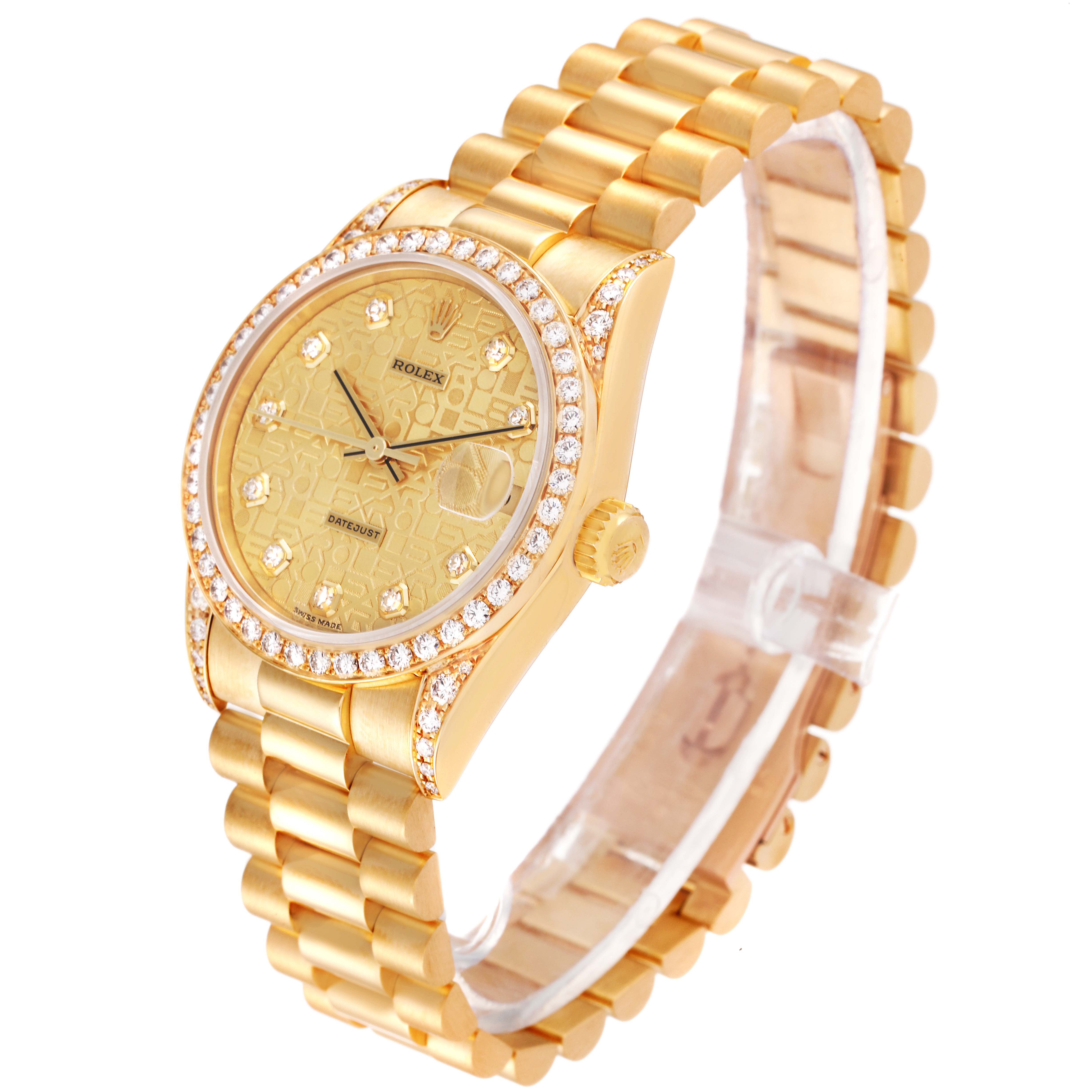 The image shows a Rolex President 68158 Women
s Yellow Gold Champagne Dial 68158 Women
s Yellow Gold Champagne Dial model watch at a three-quarter angle, highlighting its gold bracelet, diamond bezel, and dial.
