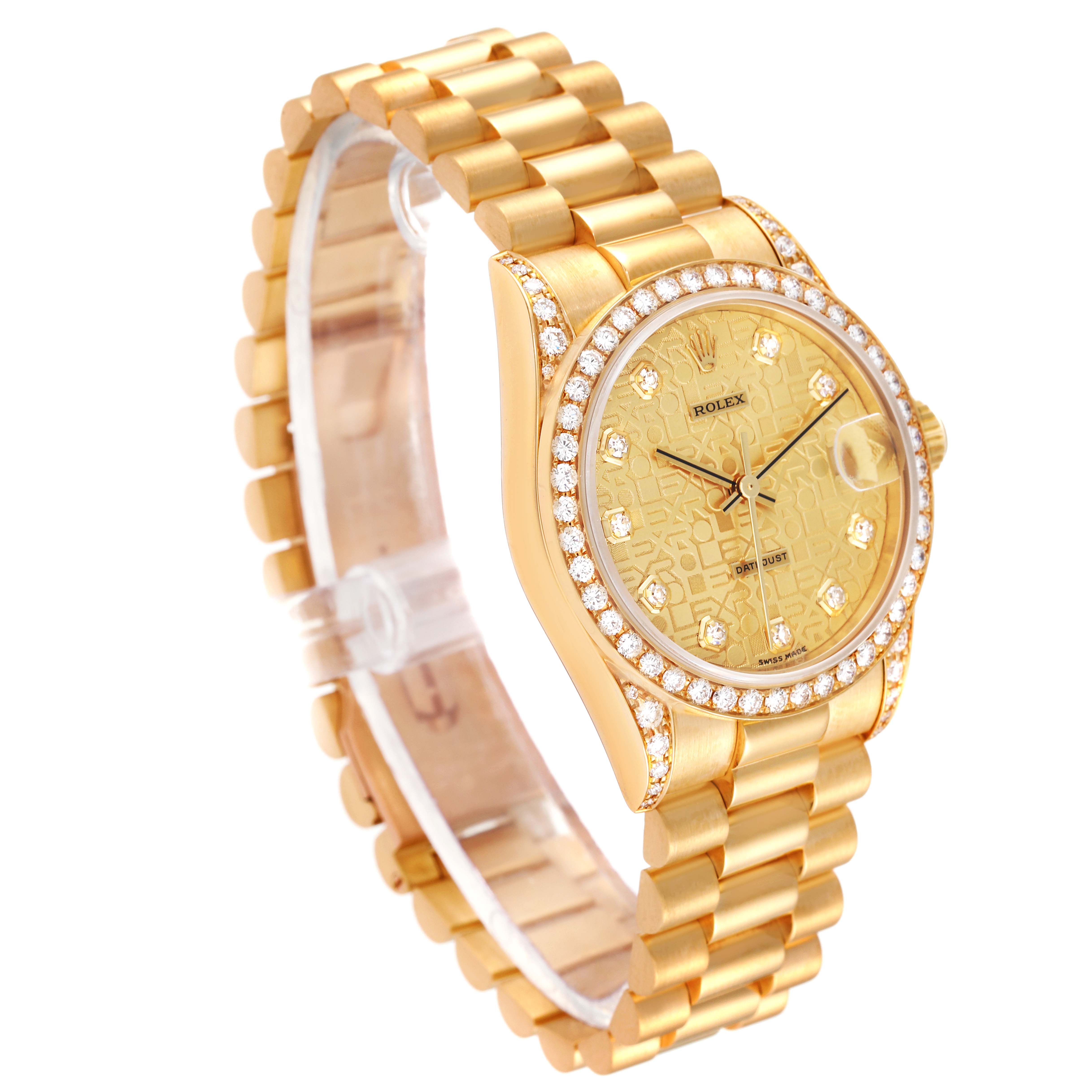 The Rolex President 68158 Women
s Yellow Gold Champagne Dial 68158 Women
s Yellow Gold Champagne Dial model watch is shown from a three-quarter angle, displaying its band, face, and diamond-encrusted bezel.