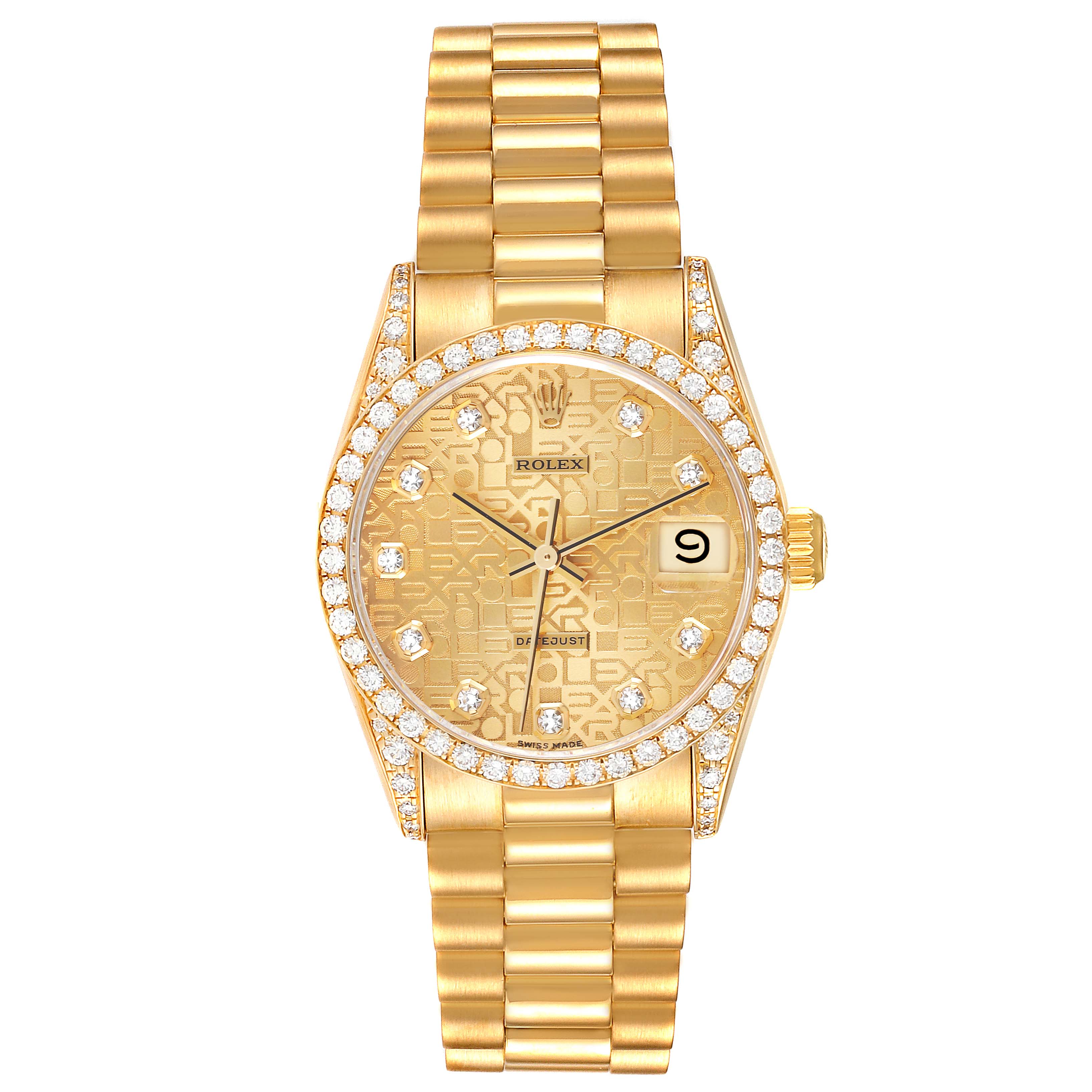 The image shows a frontal view of a Rolex President 68158 Women
s Yellow Gold Champagne Dial 68158 Women
s Yellow Gold Champagne Dial model watch, focusing on the dial, bezel, and bracelet.
