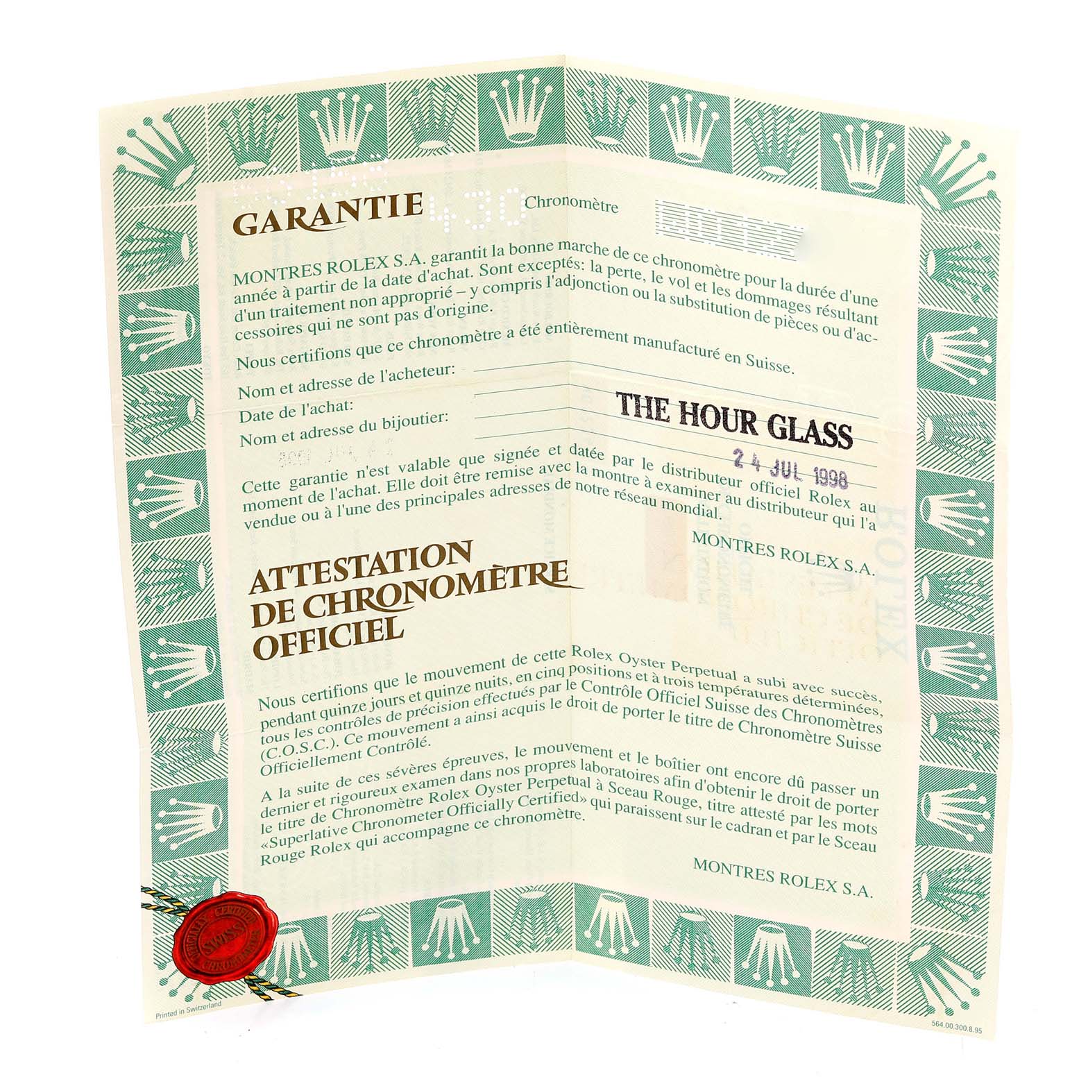 This image shows the warranty and chronometer certificate for a Rolex President 68158 Women
s Yellow Gold Champagne Dial 68158 Women
s Yellow Gold Champagne Dial model watch, photographed from the front.