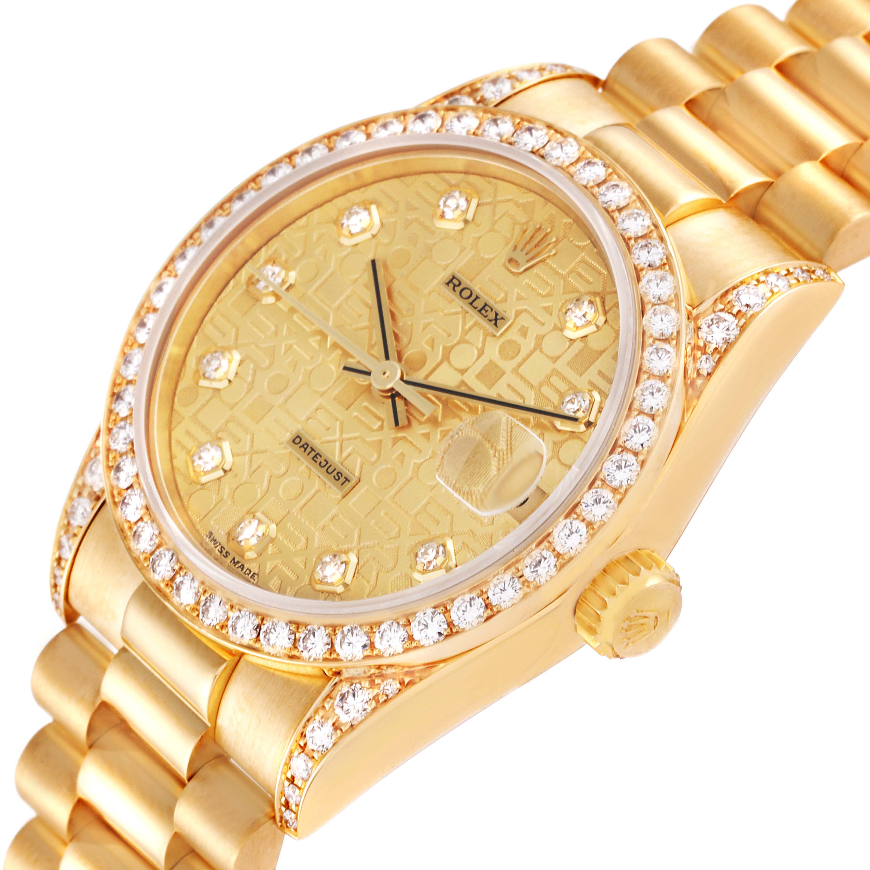 The image shows a gold Rolex President 68158 Women
s Yellow Gold Champagne Dial 68158 Women
s Yellow Gold Champagne Dial model watch at an angled close-up, highlighting its diamond-studded bezel, dial, and bracelet.
