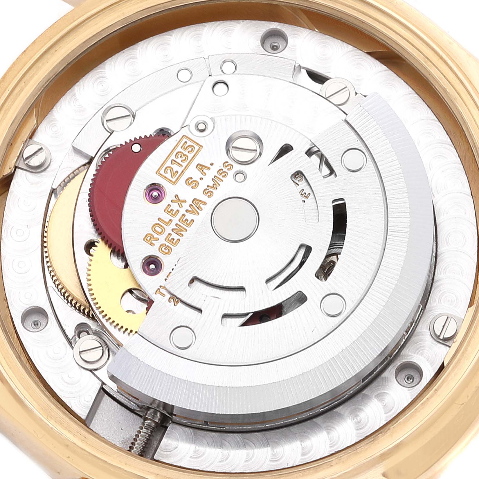 The image shows a close-up of the internal mechanism of a Rolex President 68158 Women
s Yellow Gold Champagne Dial 68158 Women
s Yellow Gold Champagne Dial model watch.