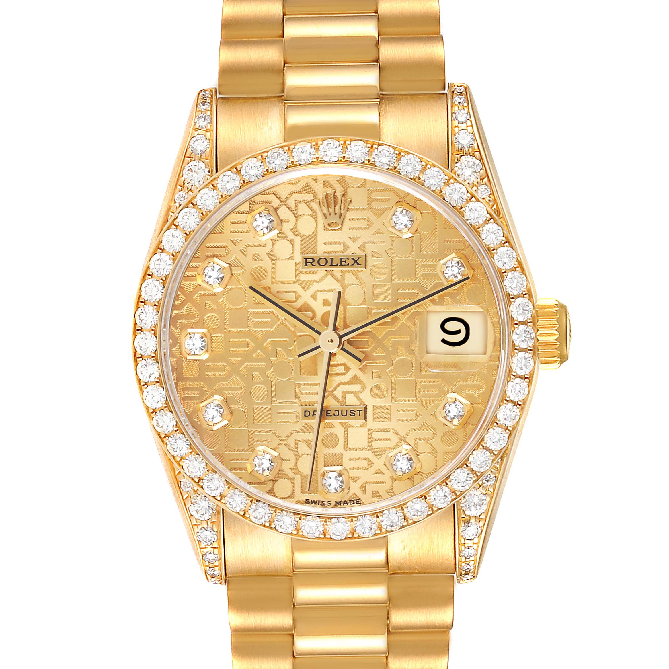 The image shows a front view of the Rolex President 68158 Women
s Yellow Gold Champagne Dial 68158 Women
s Yellow Gold Champagne Dial watch, showcasing the dial, bezel, and part of the bracelet.