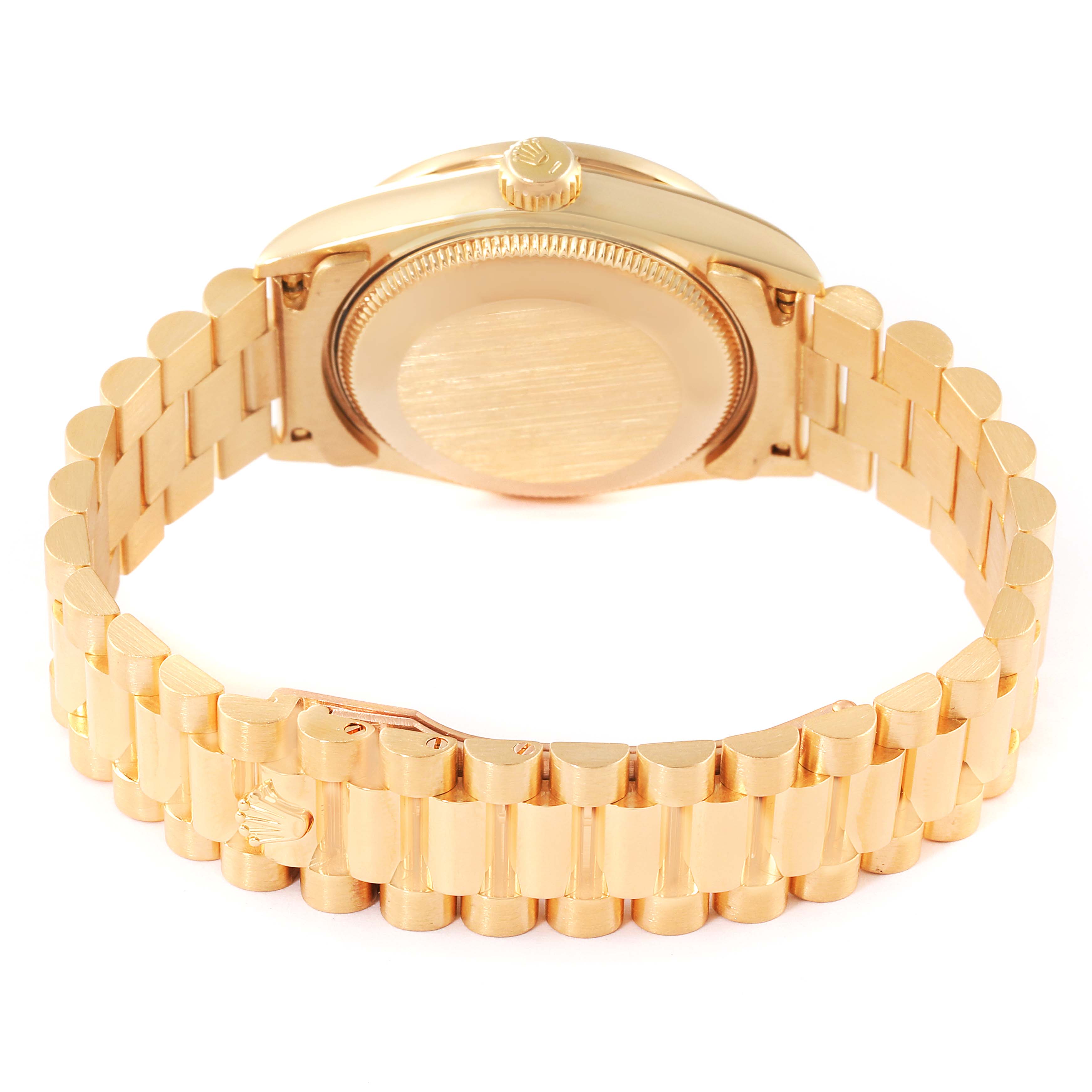 The image shows the back case and bracelet of a Rolex President 68158 Women
s Yellow Gold Champagne Dial 68158 Women
s Yellow Gold Champagne Dial model watch, angled from behind.