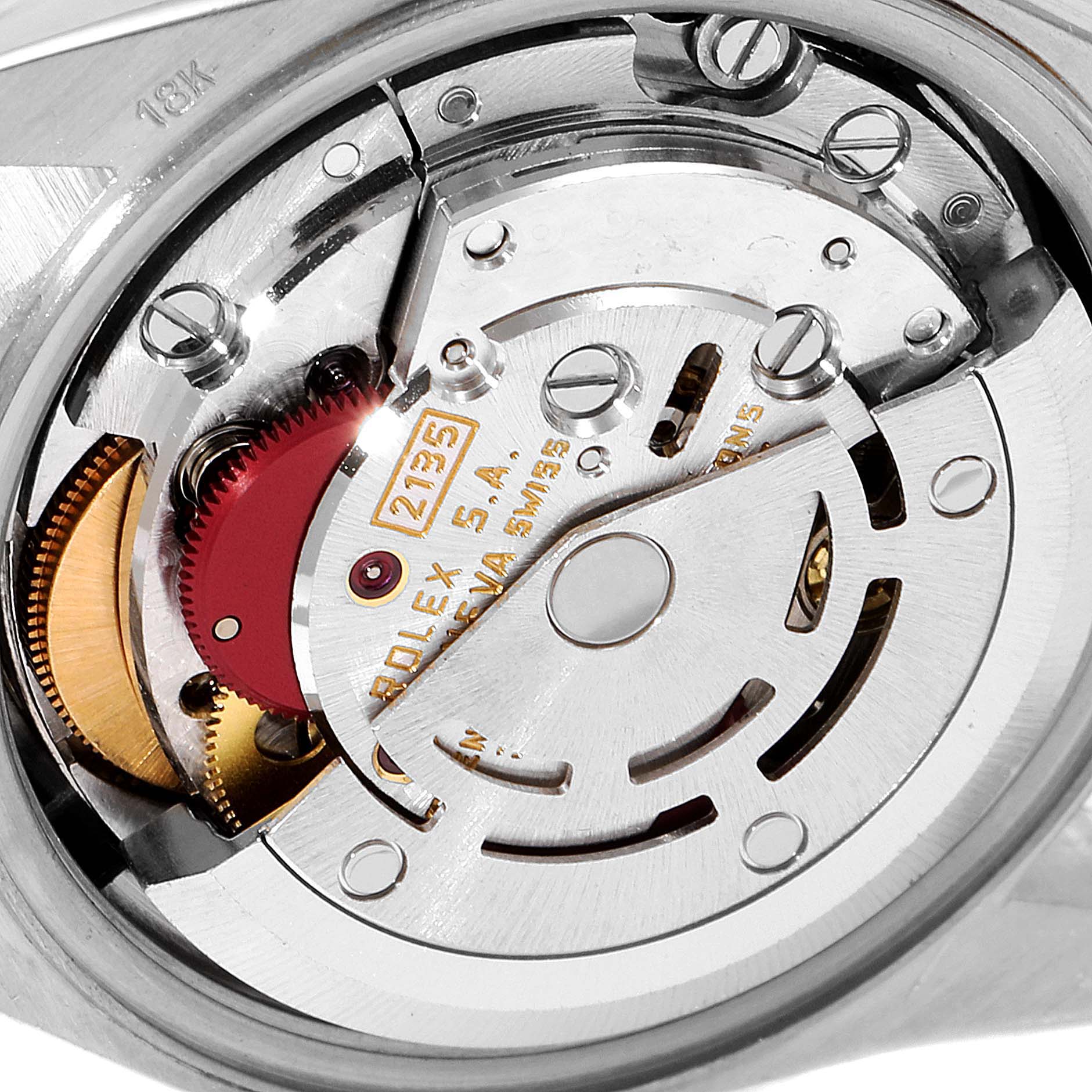 This image shows a close-up view of the internal mechanism of a Rolex President 69179 Women's White Gold White Dial 69179 Women's White Gold White Dial model watch.
