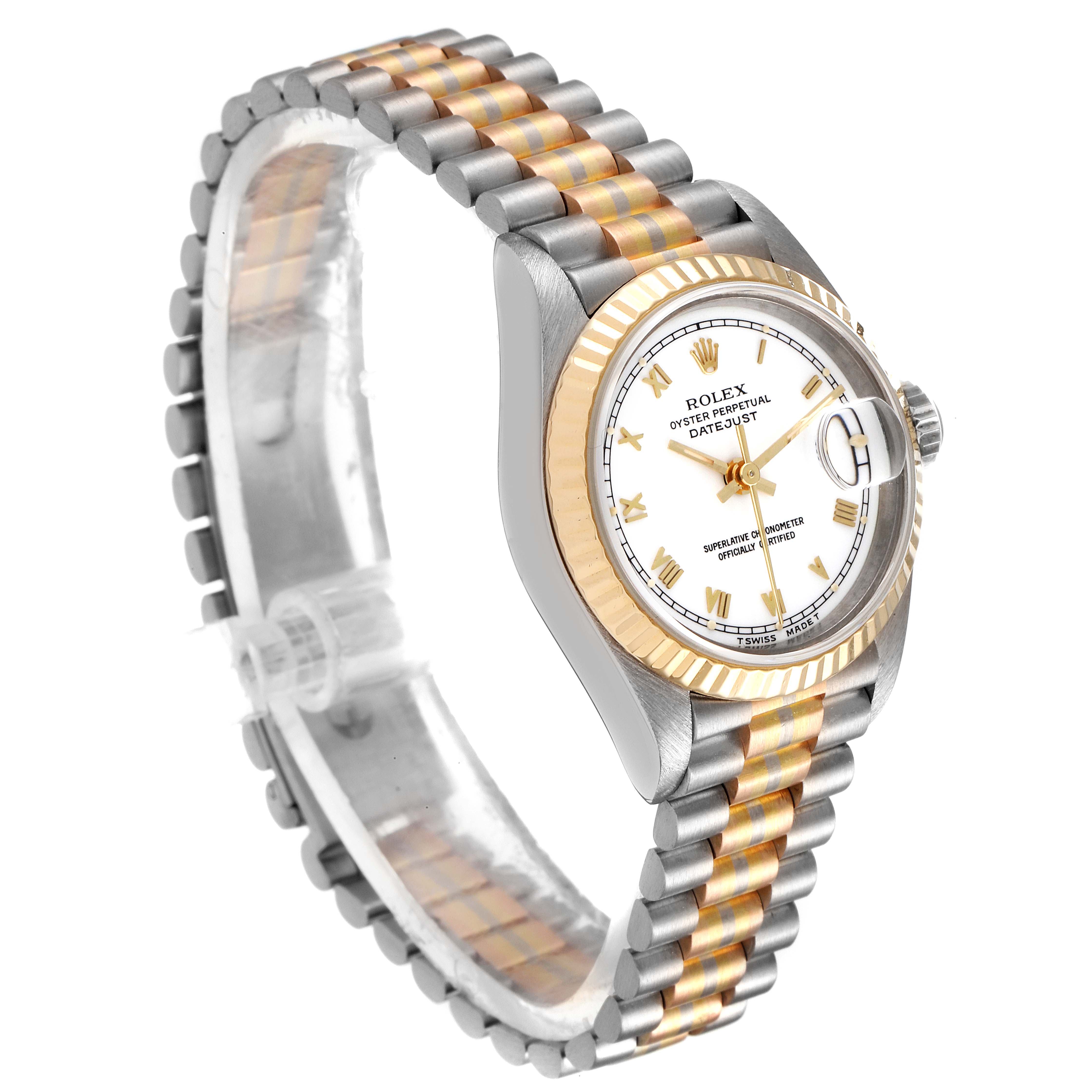The image shows a Rolex President 69179 Women's White Gold White Dial 69179 Women's White Gold White Dial model watch at an angled view, featuring the face, fluted bezel, and President bracelet.