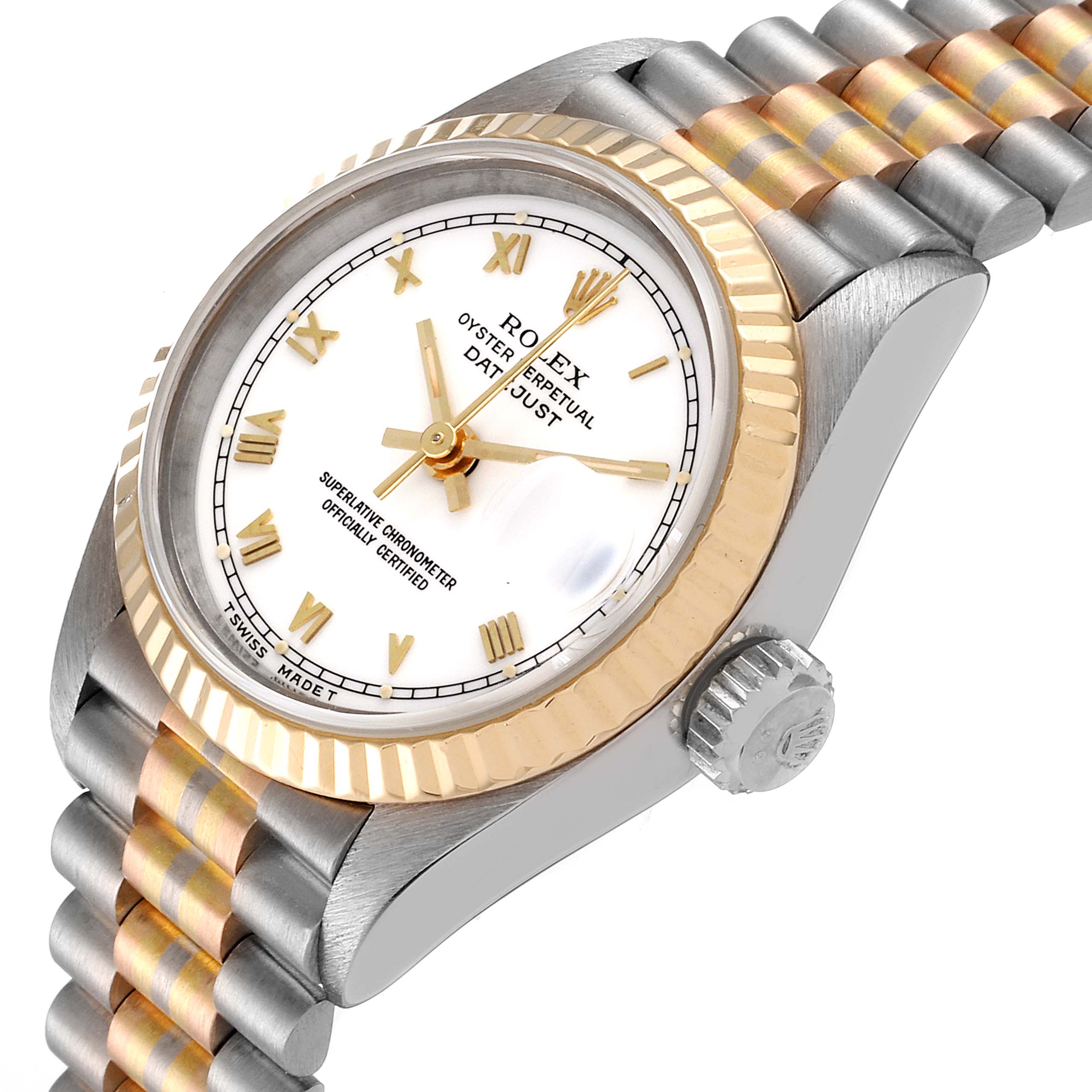 This image shows a close-up of the dial, crown, and bracelet of the Rolex President 69179 Women's White Gold White Dial 69179 Women's White Gold White Dial model watch.