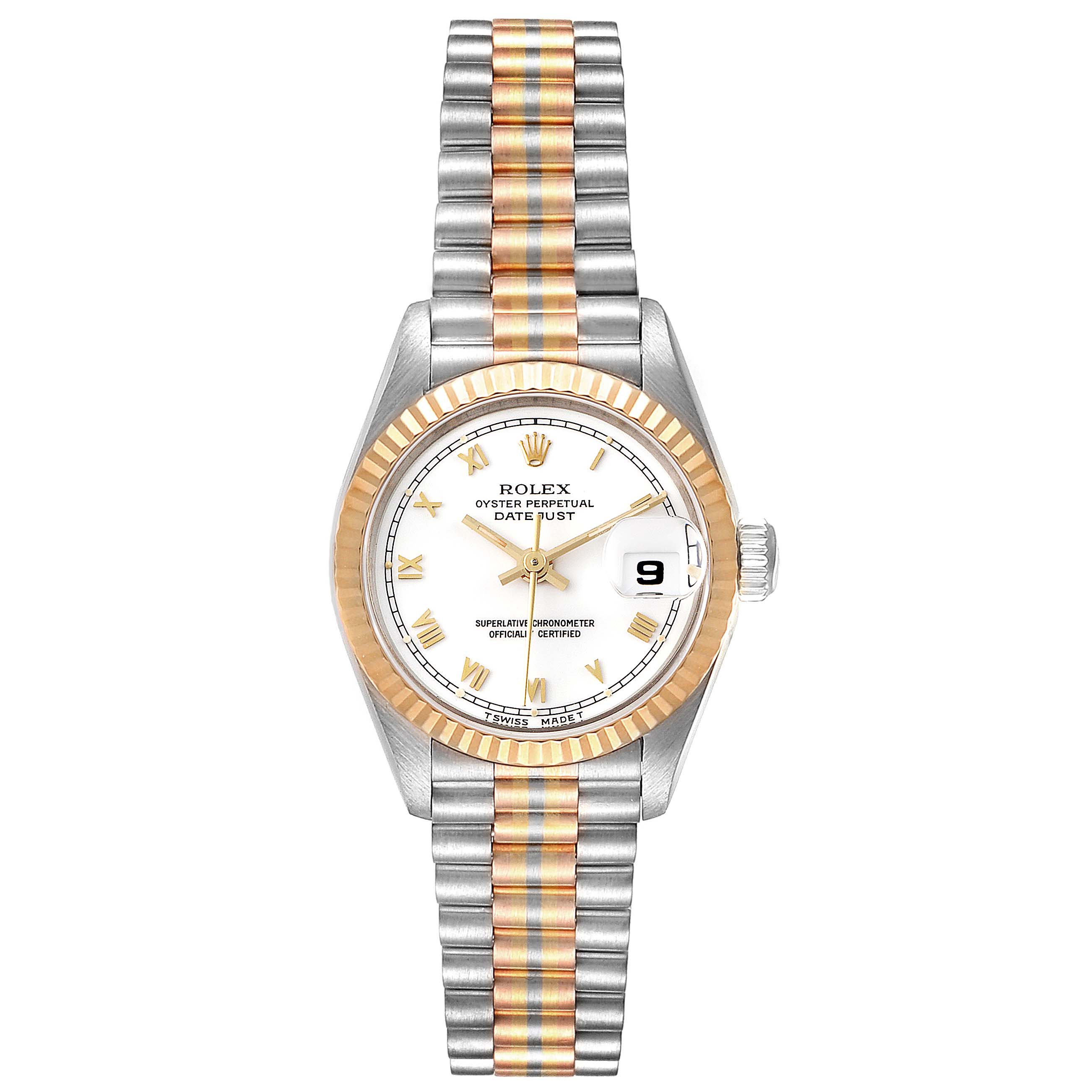 The image shows a Rolex President 69179 Women's White Gold White Dial 69179 Women's White Gold White Dial model watch from a top-down angle, highlighting the dial, bezel, and bracelet.