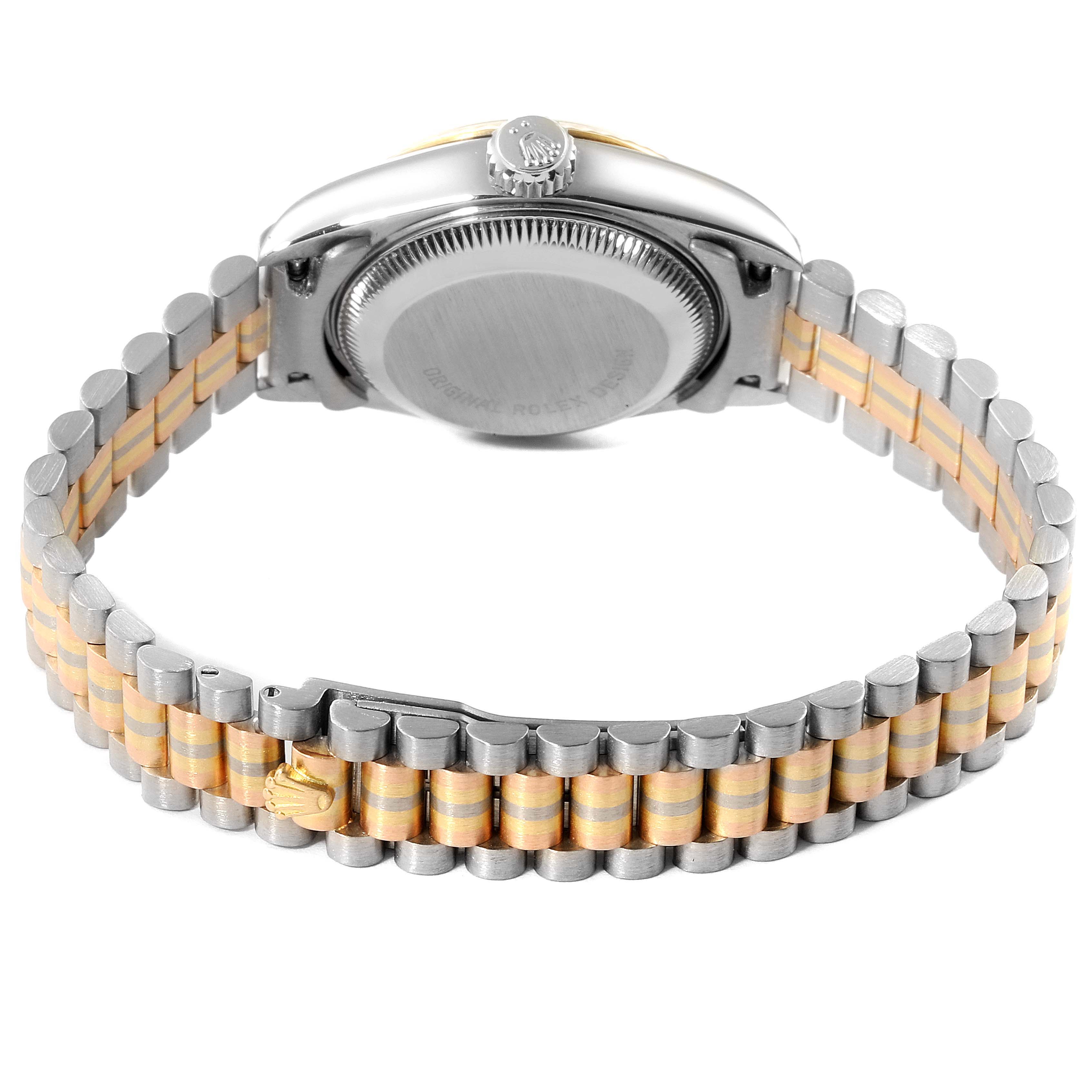 The image shows the back and bracelet of a Rolex President 69179 Women's White Gold White Dial 69179 Women's White Gold White Dial model watch from a rear angle.