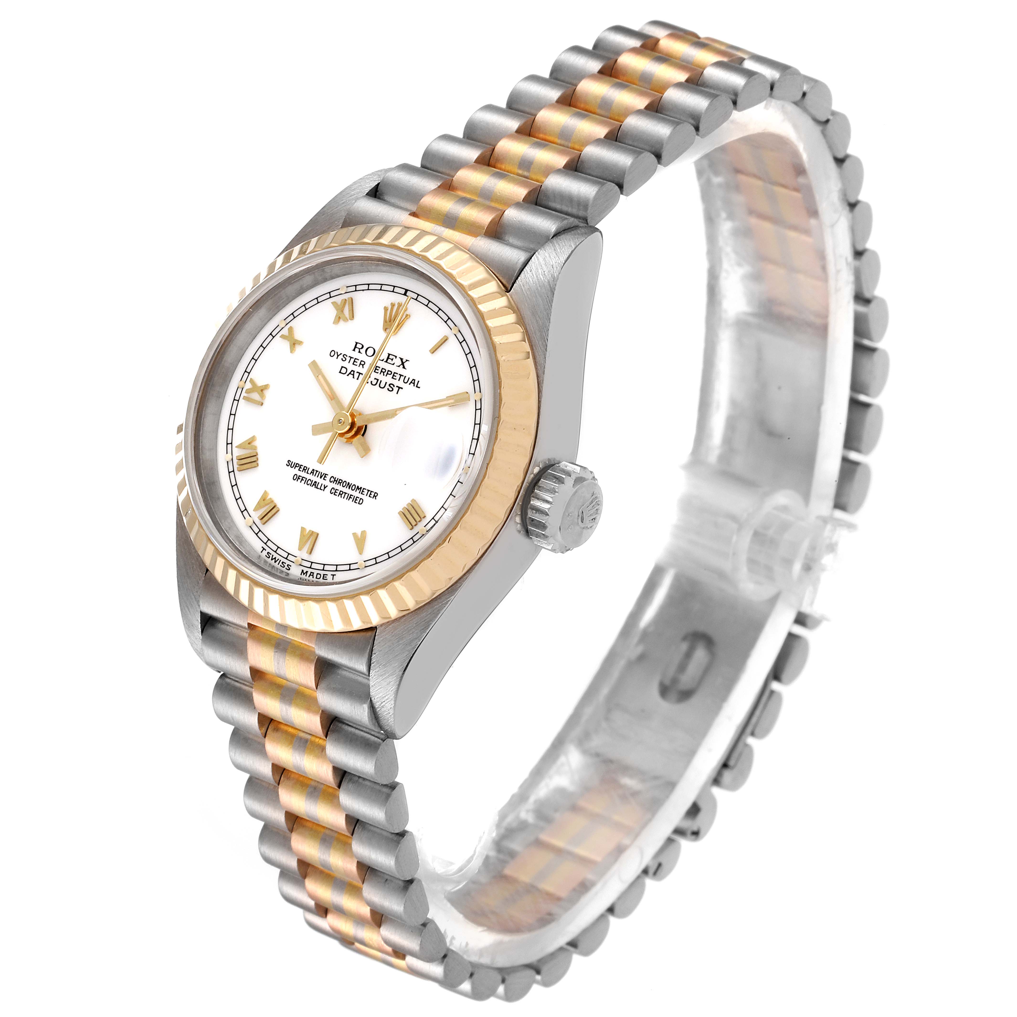 This image shows a side and top view of the Rolex President 69179 Women's White Gold White Dial 69179 Women's White Gold White Dial model watch, highlighting the two-tone bracelet and face.