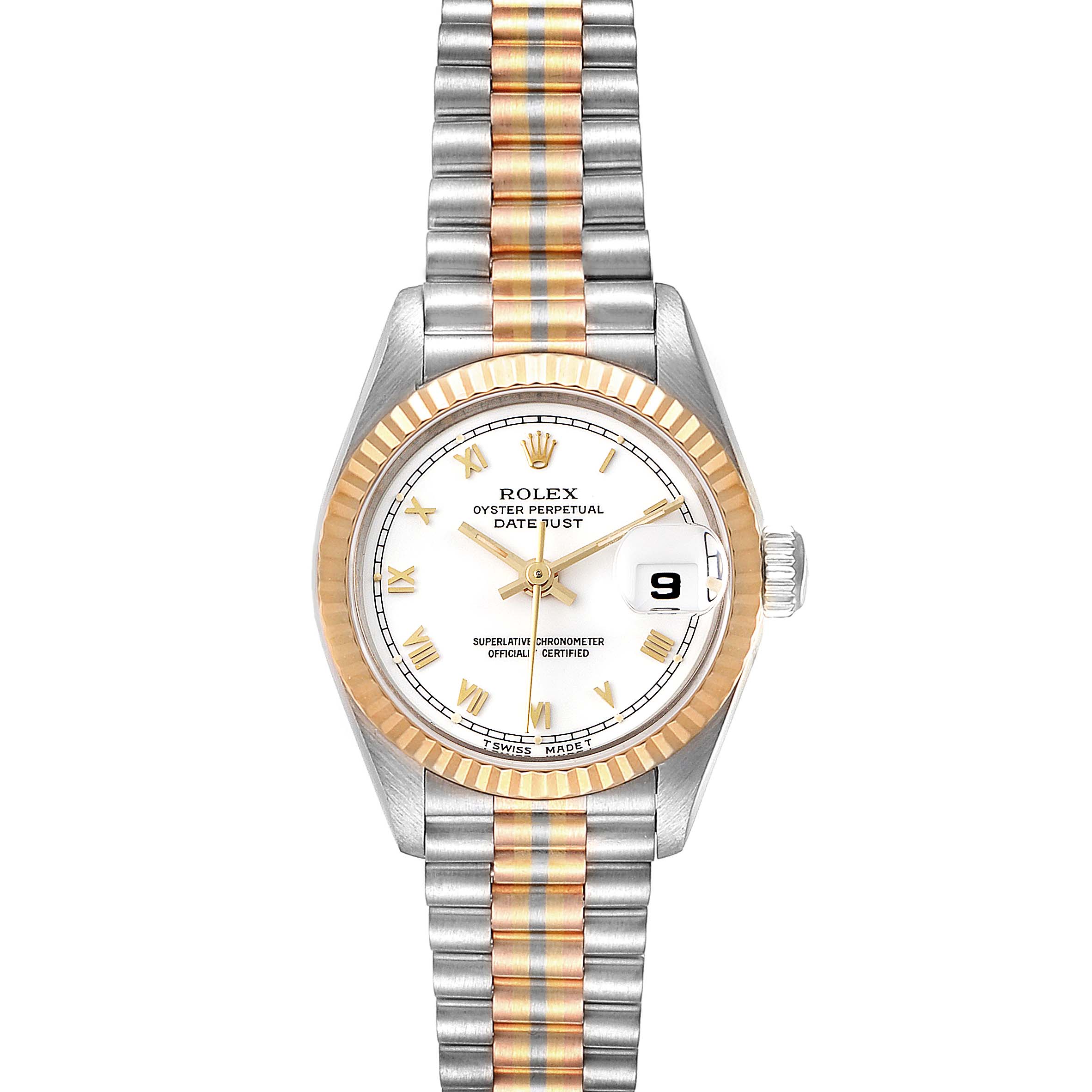 The image shows a Rolex President 69179 Women's White Gold White Dial 69179 Women's White Gold White Dial model watch with a bi-color bracelet, white dial, fluted bezel, and date window at 3 o'clock.
