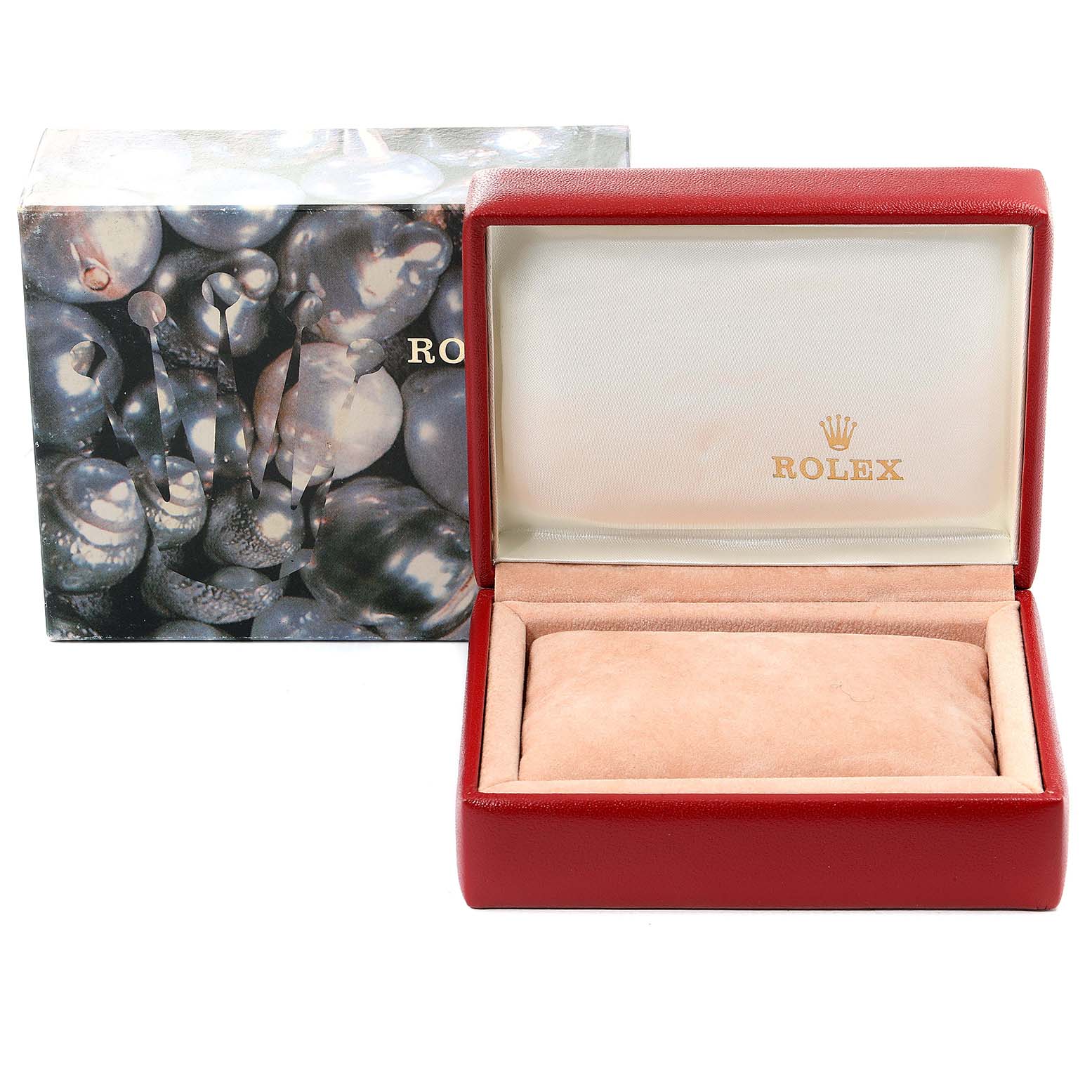 The image shows an open Rolex President 69179 Women's White Gold White Dial 69179 Women's White Gold White Dial watch box, with the outer decorative box behind it.