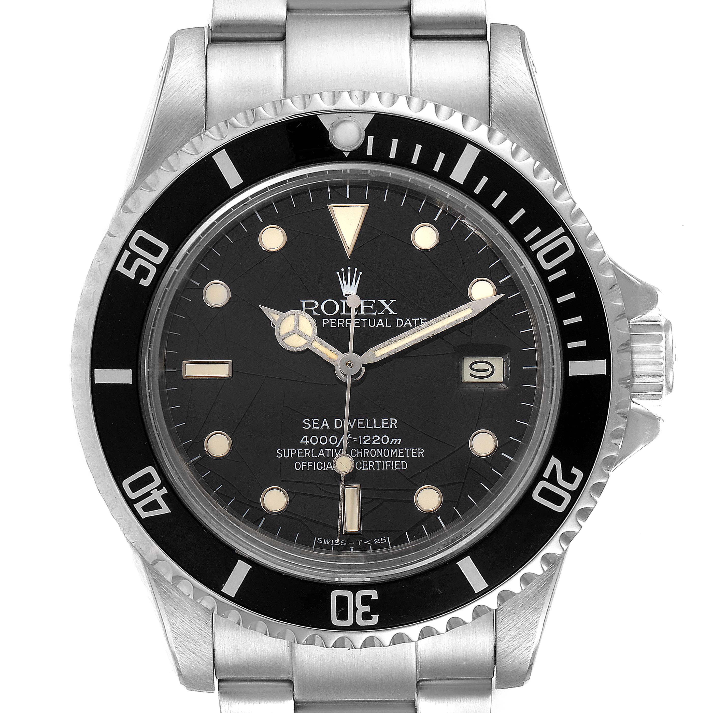 The image shows a front view of a Rolex Vintage Collection 16660 Men's Stainless Steel Black Dial 16660 Men's Stainless Steel Black Dial Sea-Dweller model watch, displaying the dial, bezel, and part of the bracelet.