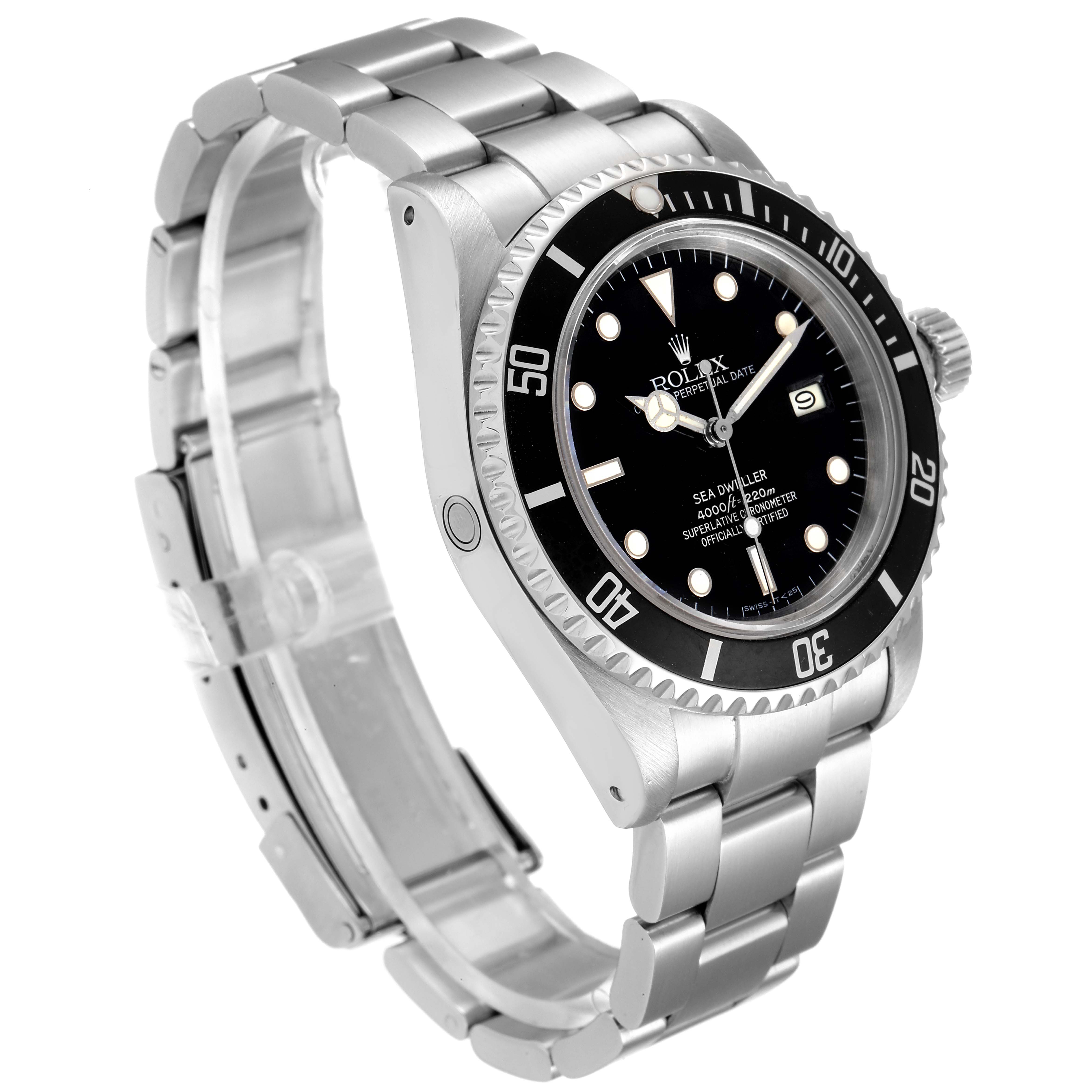 This image shows a Rolex Vintage Collection 16660 Men's Stainless Steel Black Dial 16660 Men's Stainless Steel Black Dial Sea-Dweller watch at a slight right side angle, highlighting the bezel, dial, and bracelet.