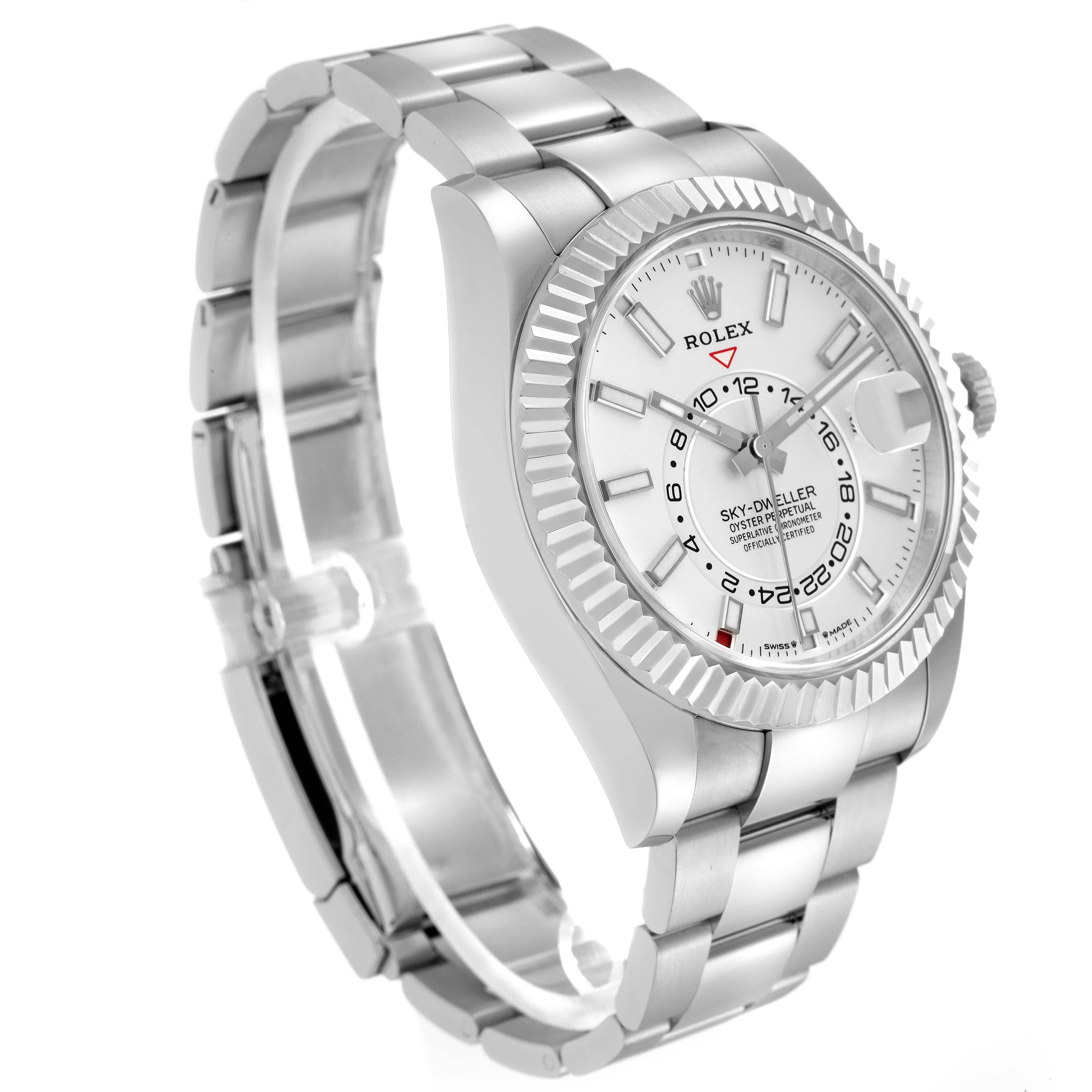 The Rolex Sky-Dweller model 336934 is shown at a three-quarter angle, displaying its bezel, dial, hands, markers, and part of the bracelet.