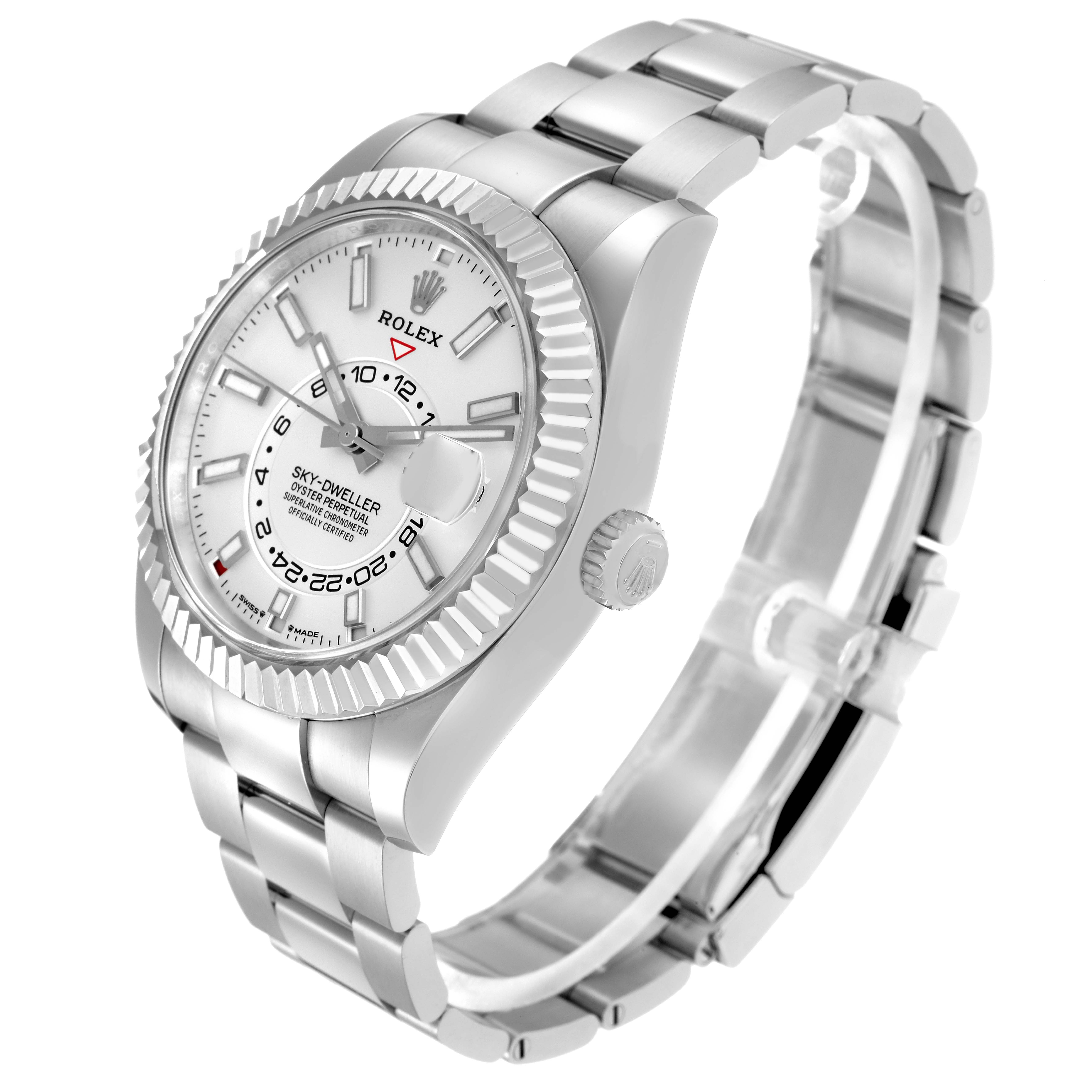 The image shows a Rolex Sky-Dweller model 336934 men's watch at a three-quarter angle, highlighting the face, bezel, crown, and bracelet.