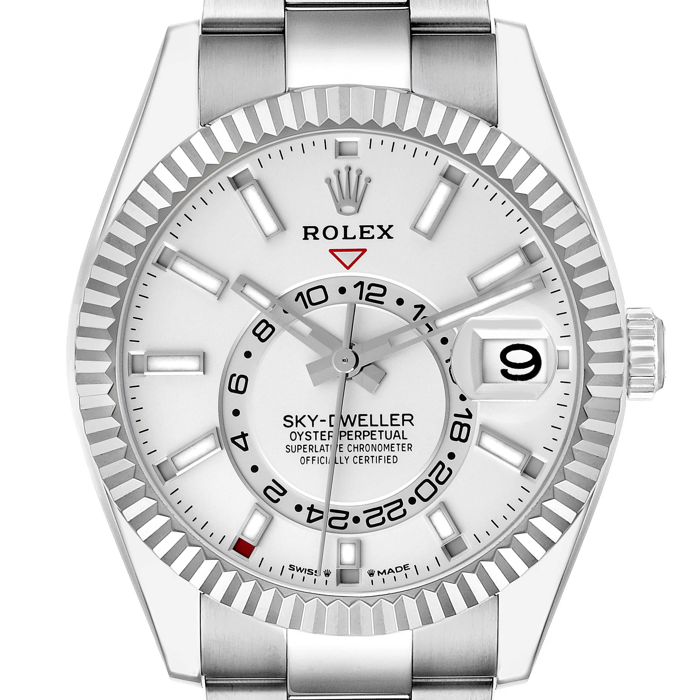 The image shows a front view of the Rolex Sky-Dweller model number 336934, displaying its dial, hands, and bezel clearly.
