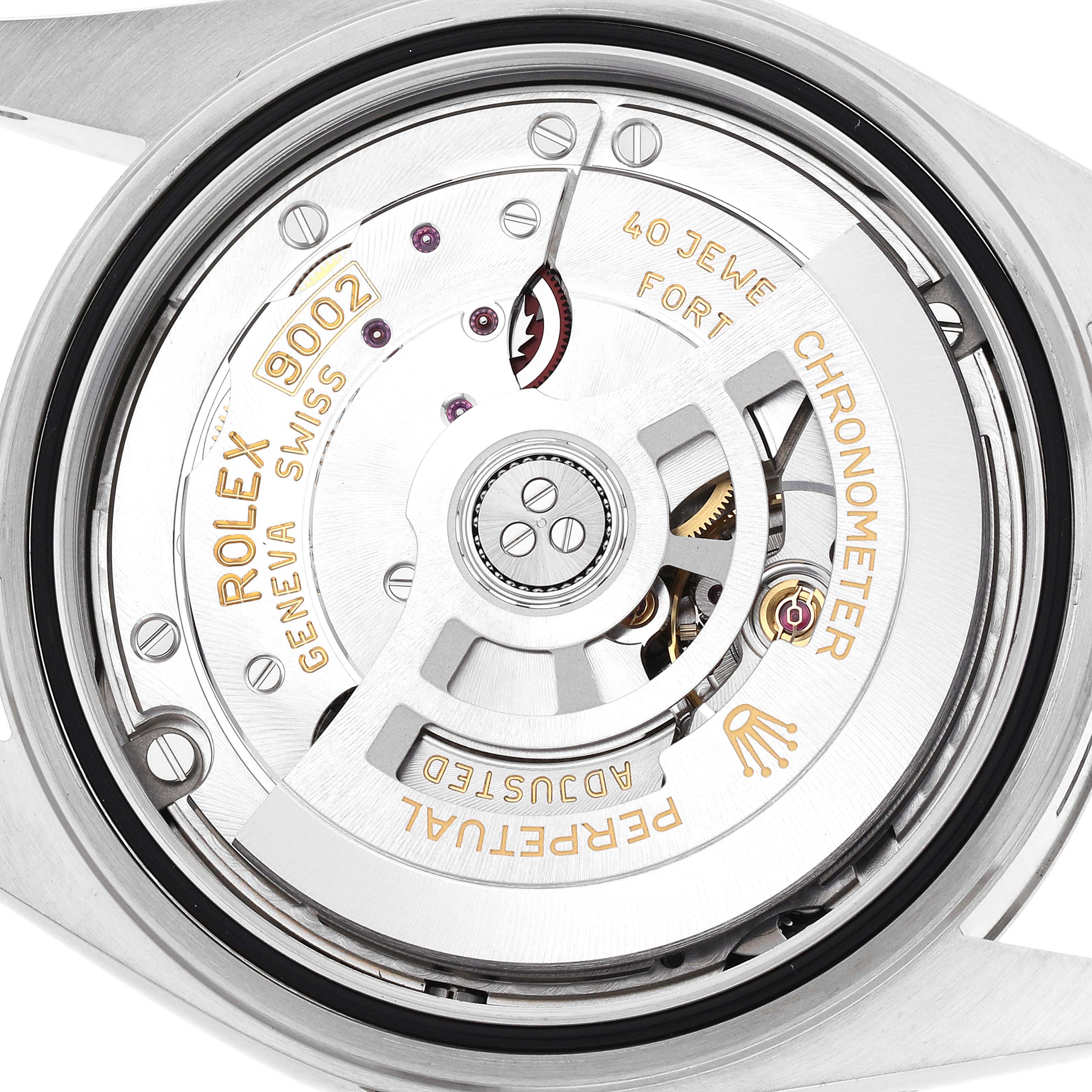 The image shows the detailed movement of a Rolex Sky-Dweller model 336934, focusing on the rotor, gears, and engravings from a rear angle.