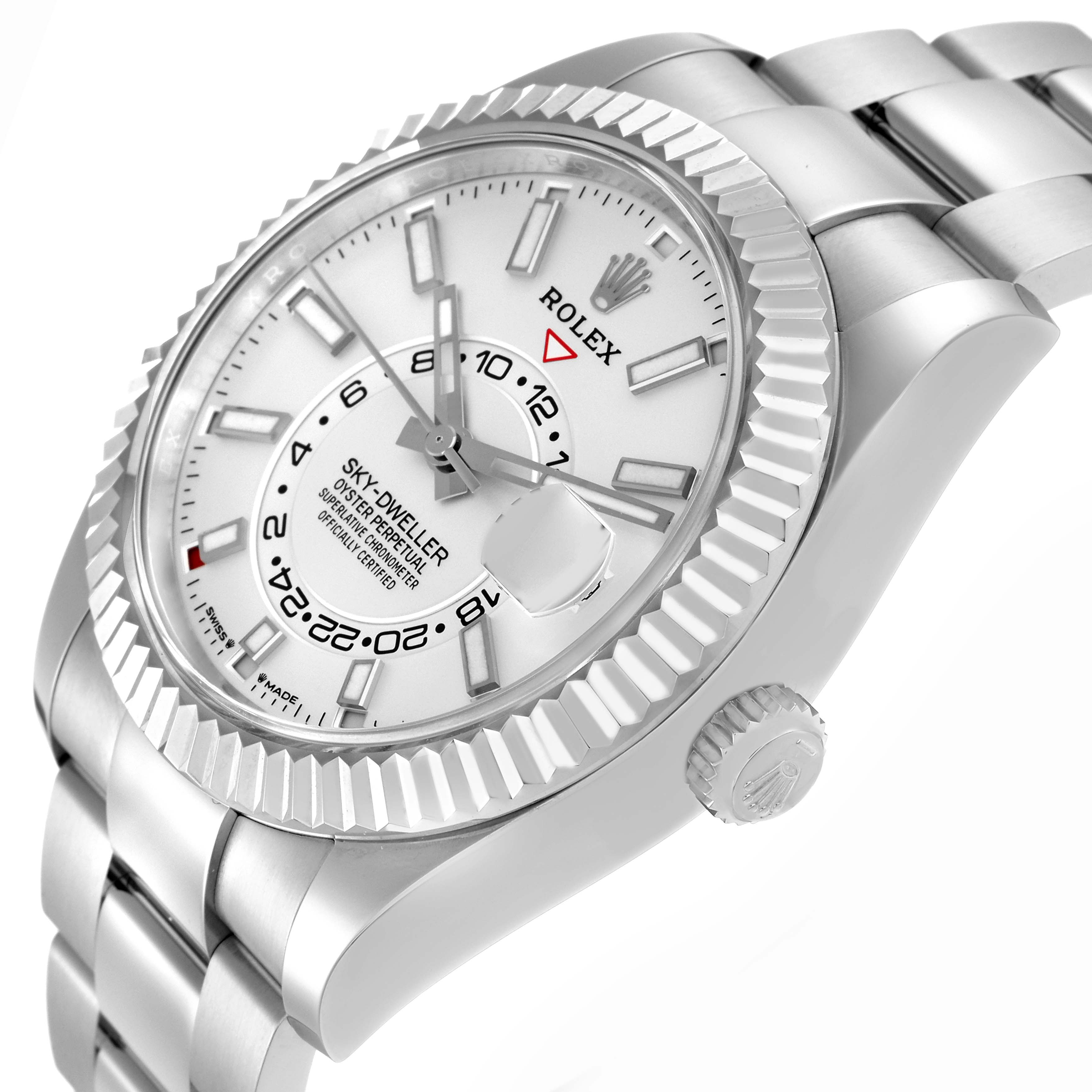 The image shows a Rolex Sky-Dweller model 336934 at an angled view, highlighting the watch face, bezel, crown, and bracelet.