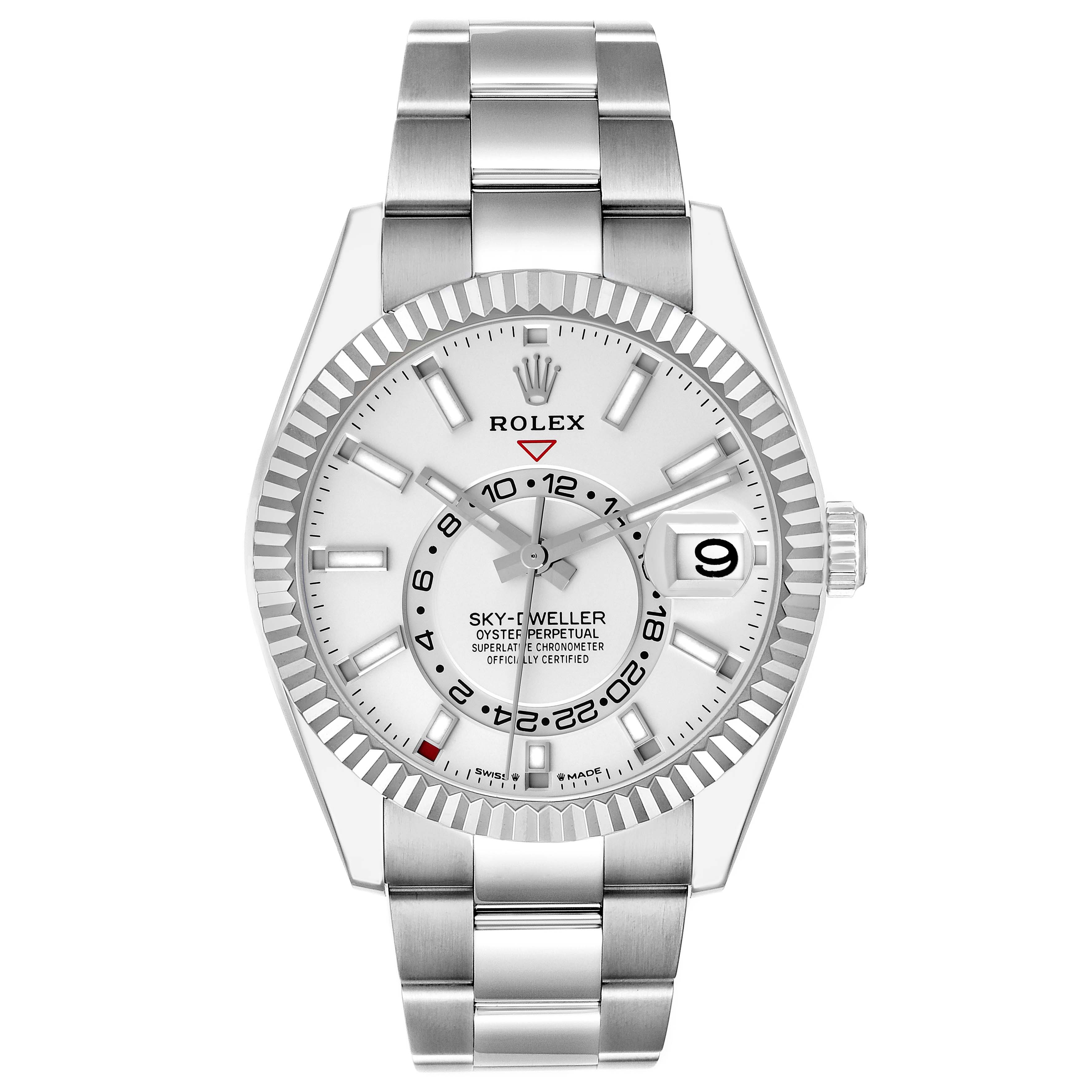 The Rolex Sky-Dweller model 336934 is shown from a front angle, displaying the dial, bezel, and bracelet in full view.