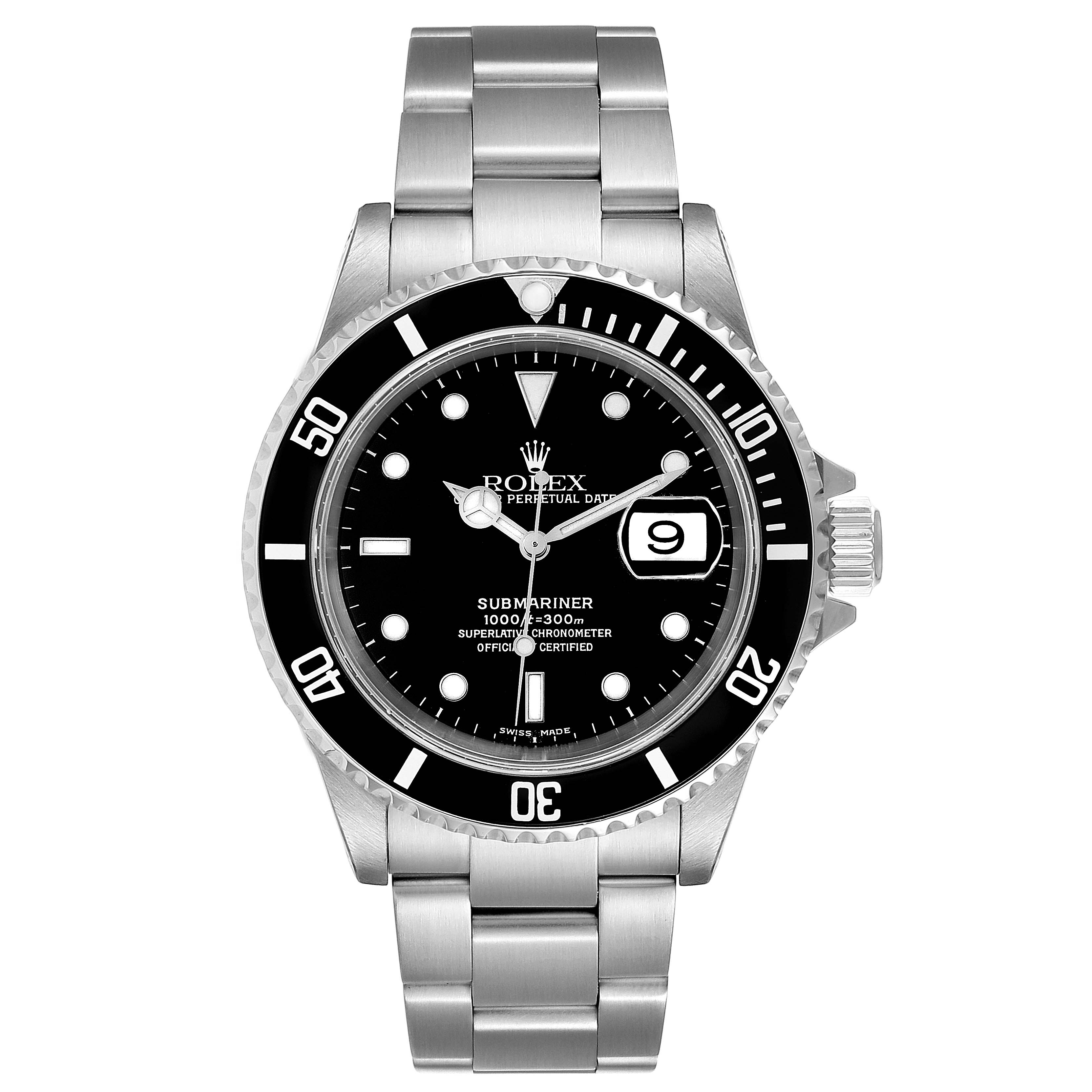This image shows a frontal view of the Rolex Submariner 16610 Men
s Stainless Steel Black Dial 16610 Men
s Stainless Steel Black Dial watch, displaying its dial, bezel, and bracelet.