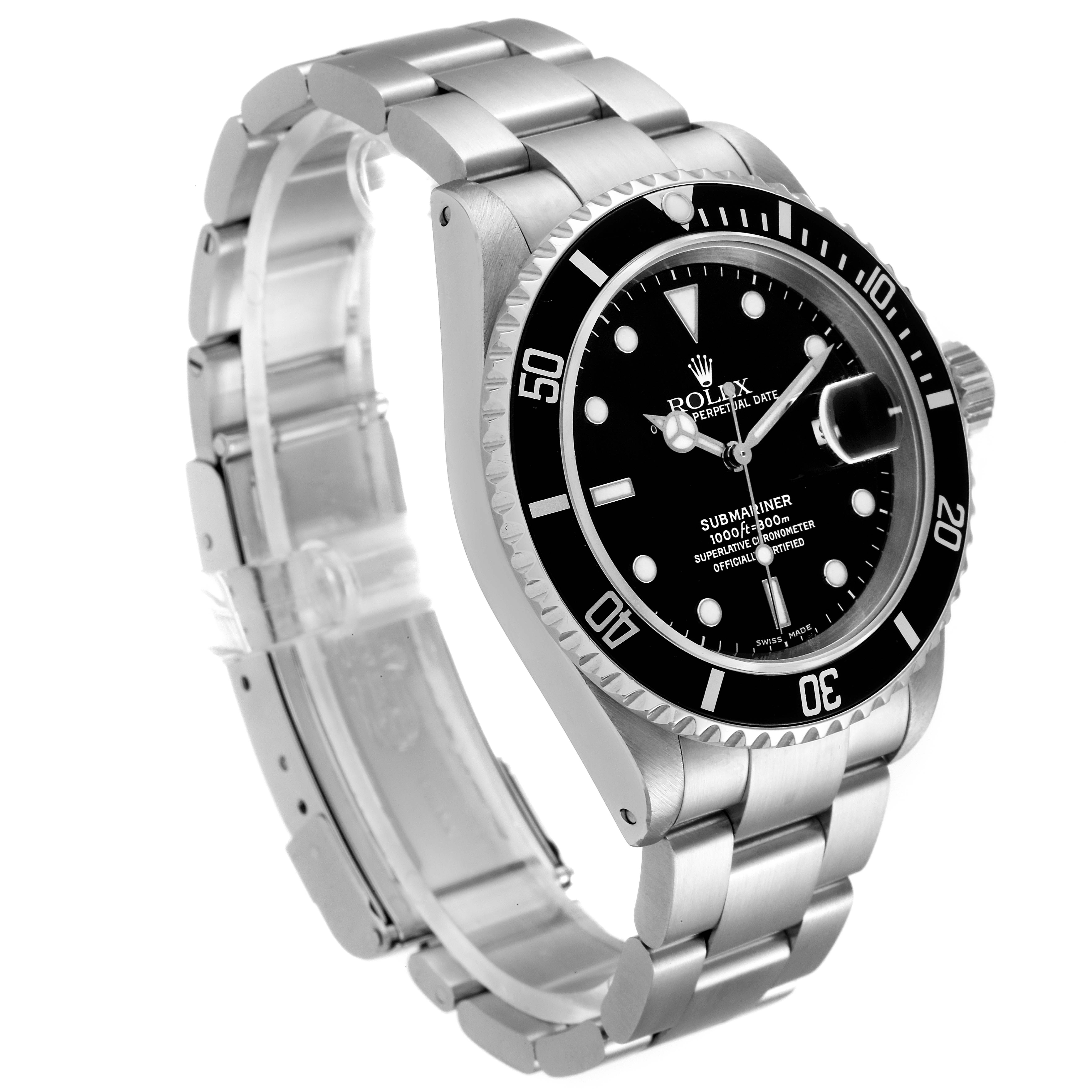 This image shows a side view of a Rolex Submariner 16610 Men
s Stainless Steel Black Dial 16610 Men
s Stainless Steel Black Dial watch, displaying the dial, bezel, crown, and part of the bracelet.