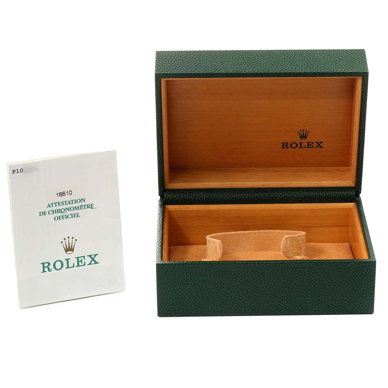 The image shows an open Rolex Submariner 16610 Men
s Stainless Steel Black Dial 16610 Men
s Stainless Steel Black Dial watch box with its certificate book placed beside it.