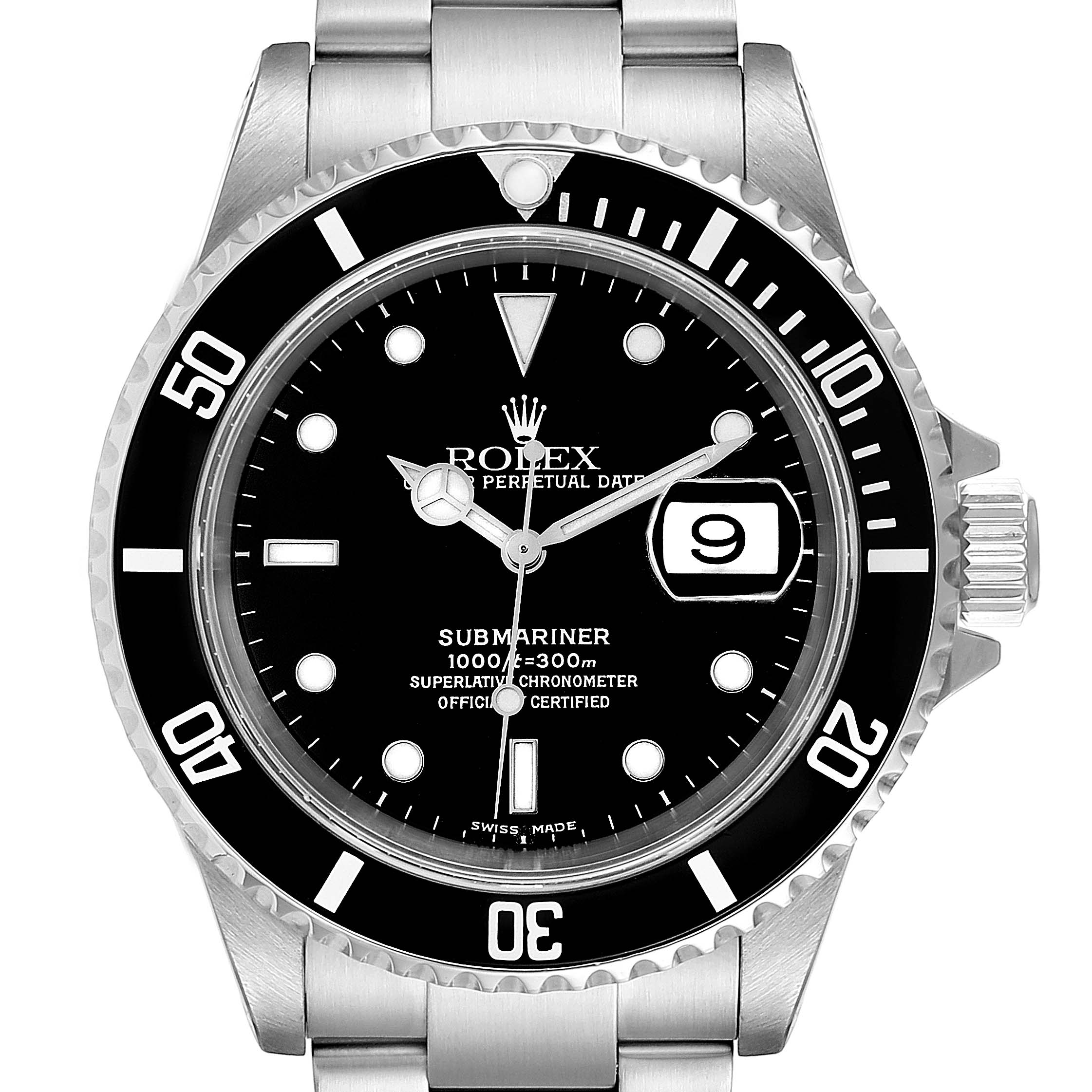 The image shows a frontal view of a Rolex Submariner 16610 Men
s Stainless Steel Black Dial 16610 Men
s Stainless Steel Black Dial watch, highlighting its black dial, date window, and stainless steel bracelet.