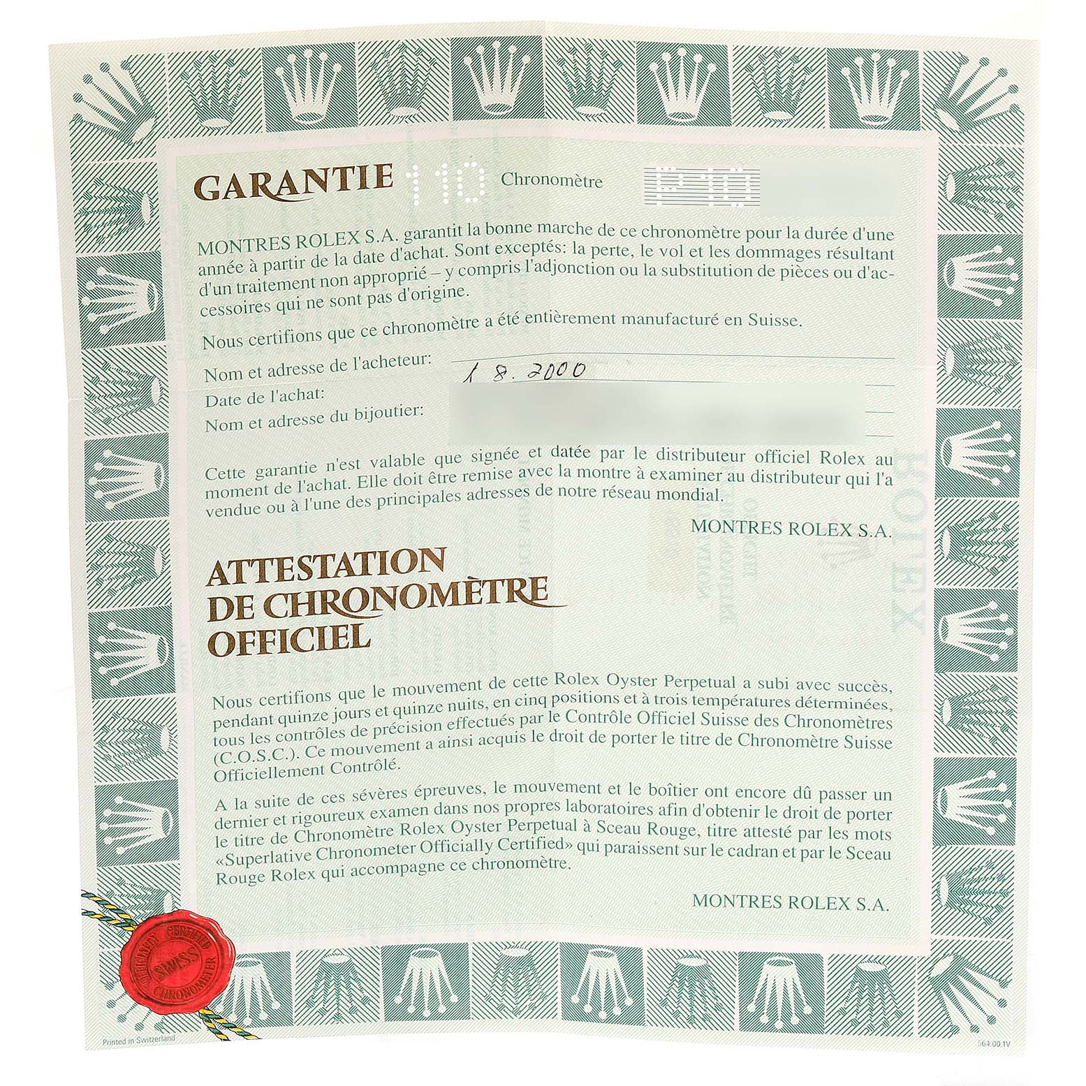 The image shows a certificate of guarantee and chronometer attestation for a Rolex Submariner 16610 Men
s Stainless Steel Black Dial 16610 Men
s Stainless Steel Black Dial watch.