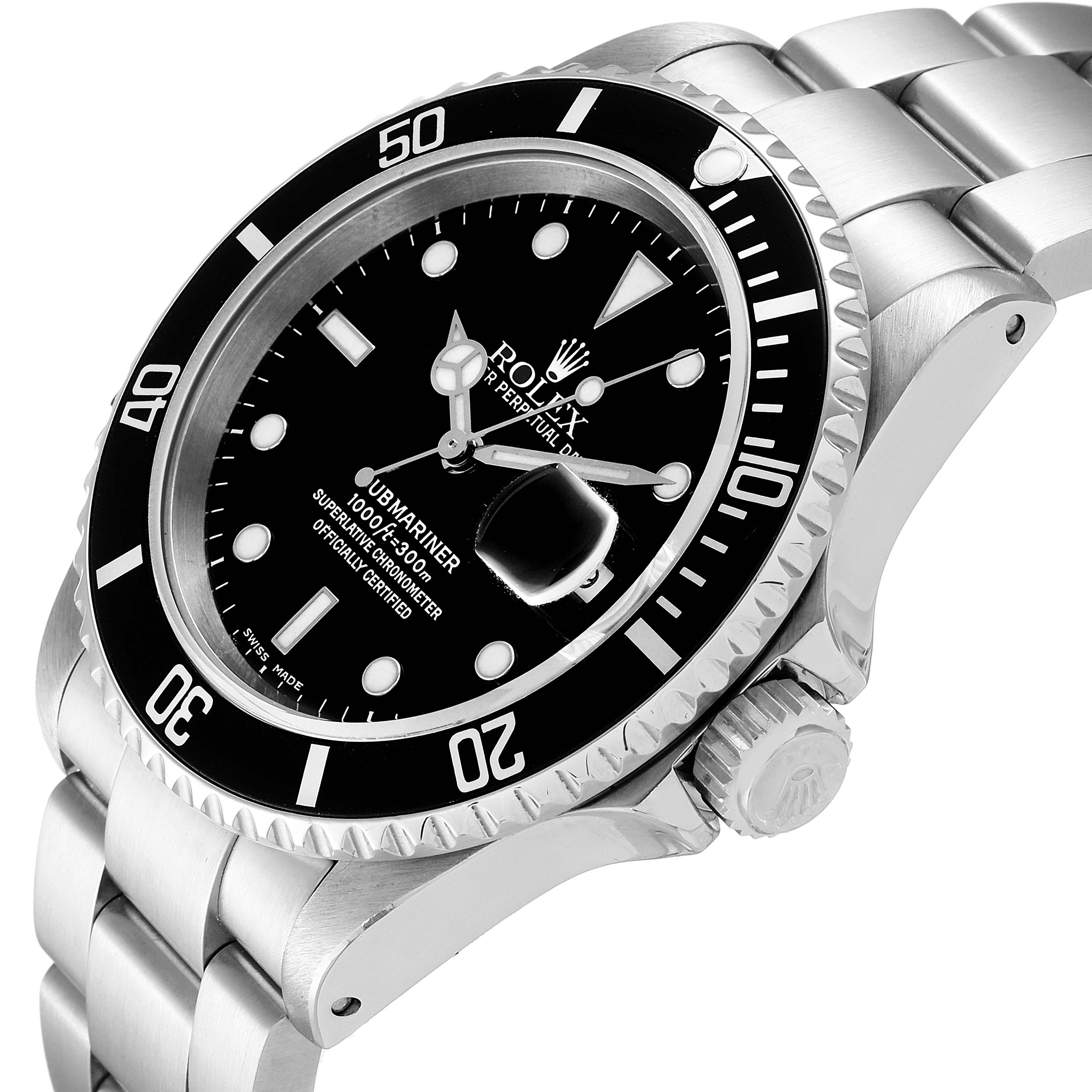 This image shows the Rolex Submariner 16610 Men
s Stainless Steel Black Dial 16610 Men
s Stainless Steel Black Dial from an angled close-up, highlighting the dial, bezel, crown, and part of the bracelet.