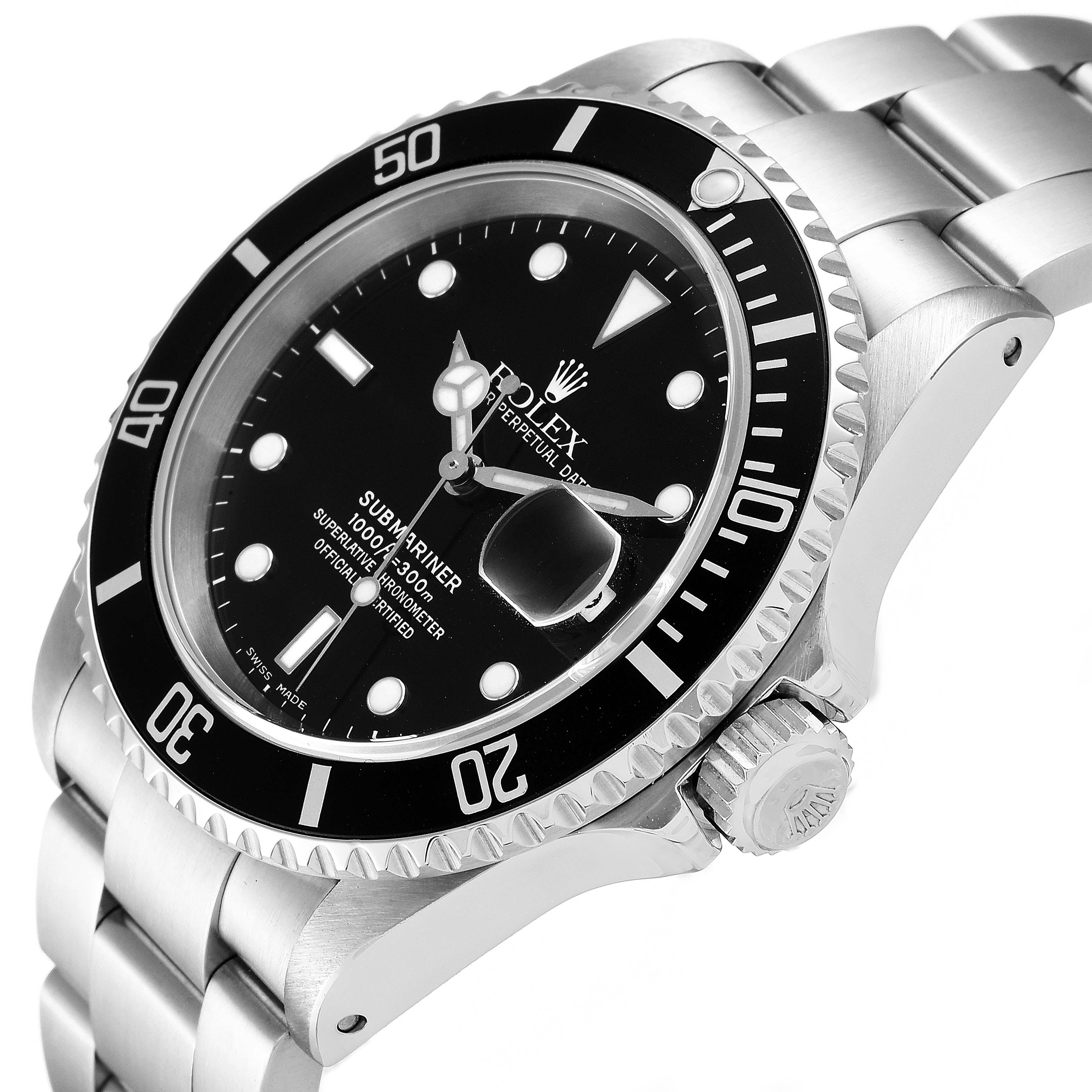 The image shows a Rolex Submariner 16610 Men
s Stainless Steel Black Dial 16610 Men
s Stainless Steel Black Dial watch at an angled view, displaying the dial, bezel, crown, and bracelet.