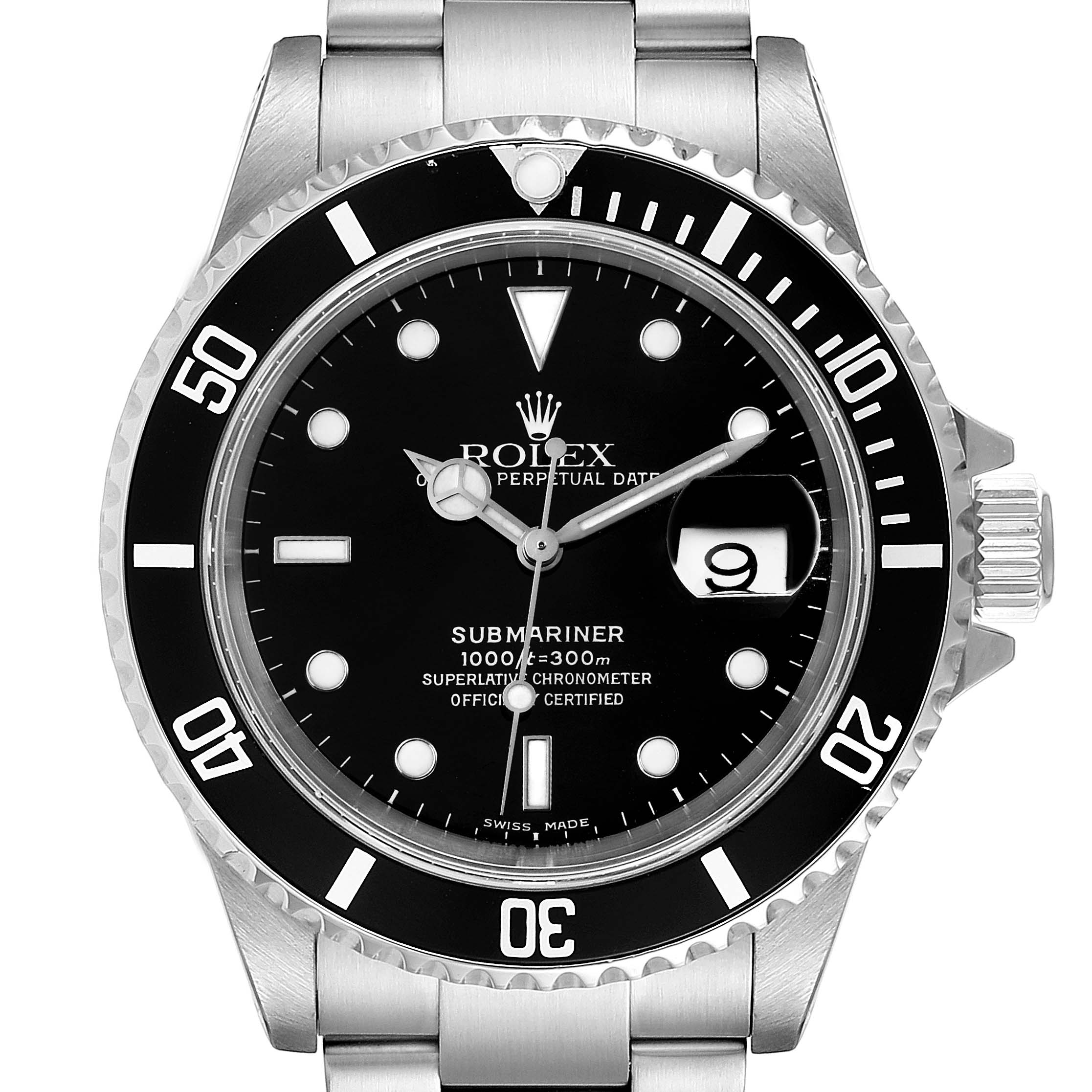 This image shows a frontal view of a Rolex Submariner 16610 Men
s Stainless Steel Black Dial 16610 Men
s Stainless Steel Black Dial watch, highlighting its face, bezel, crown, and part of the bracelet.