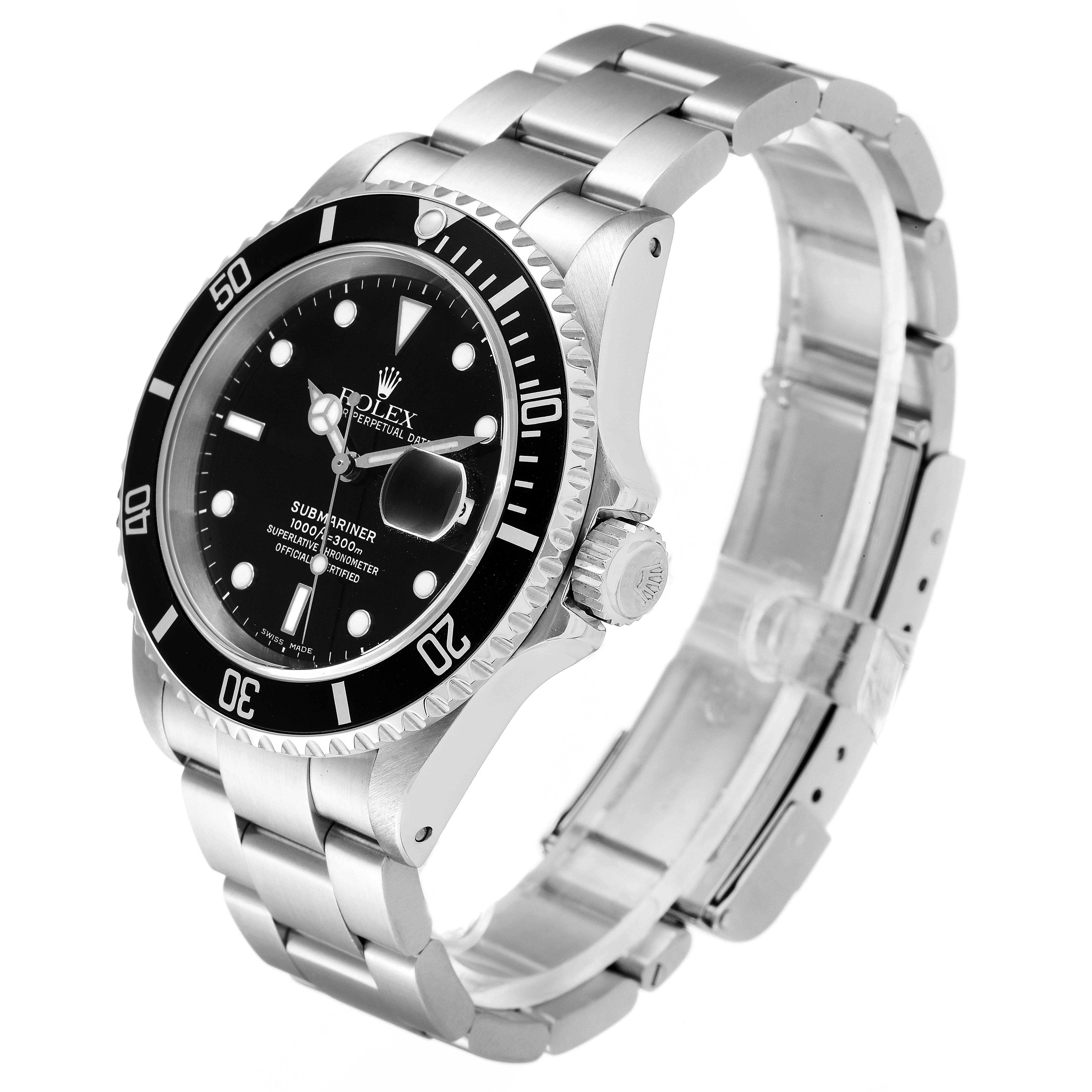 The image shows a side angle of a Rolex Submariner 16610 Men
s Stainless Steel Black Dial 16610 Men
s Stainless Steel Black Dial watch, highlighting its stainless steel bracelet, black dial, and rotating bezel.