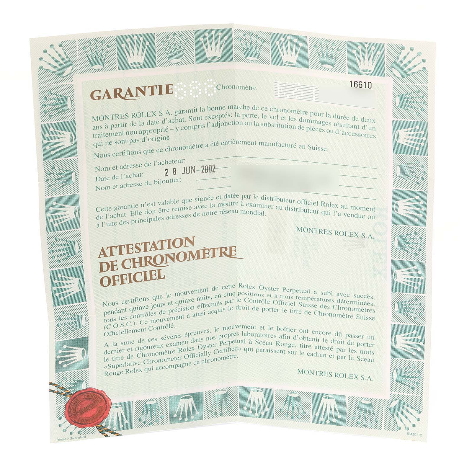 The image shows the warranty certificate and official chronometer certification for the Rolex Submariner 16610 Men
s Stainless Steel Black Dial 16610 Men
s Stainless Steel Black Dial model.