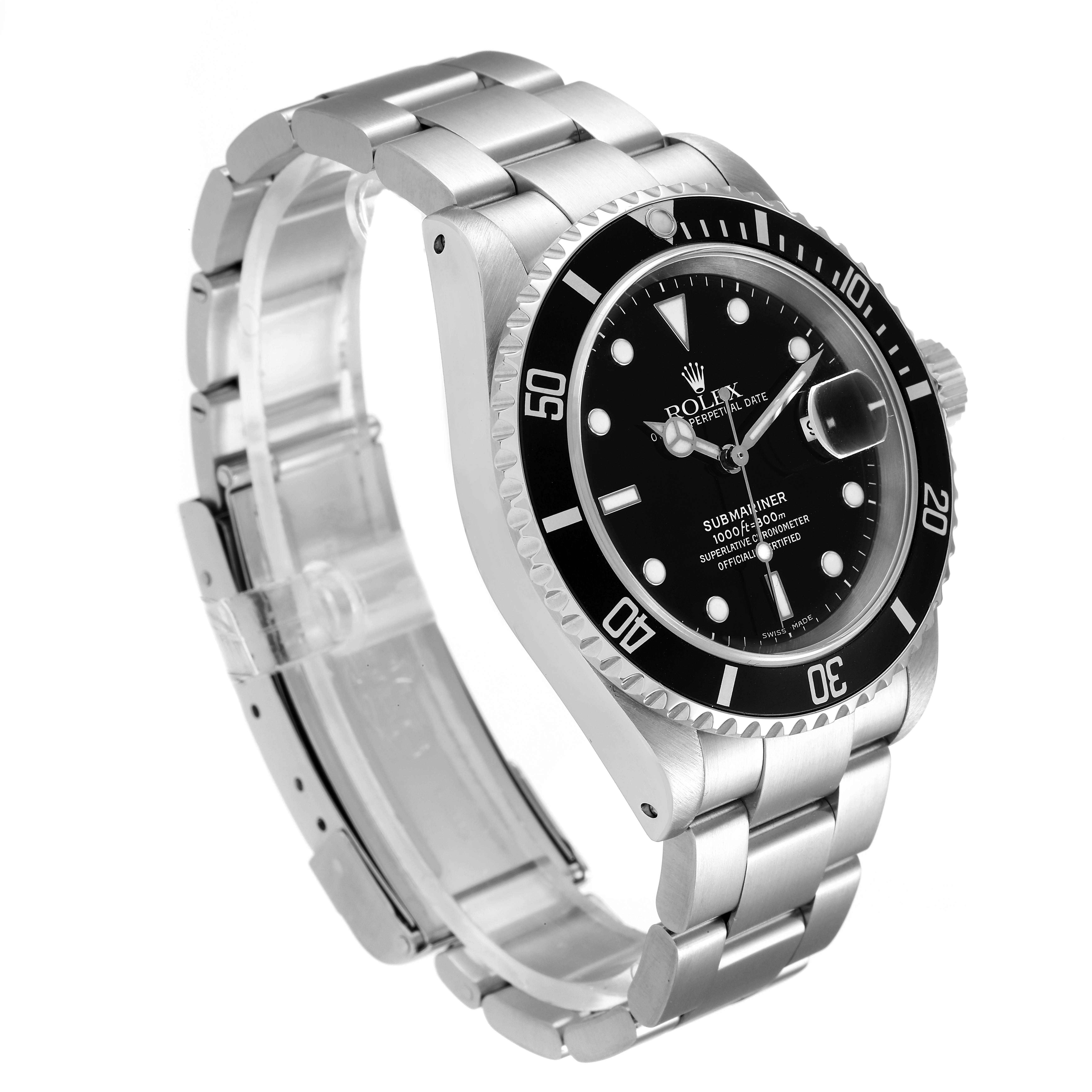 The image shows a side angle view of the Rolex Submariner 16610 Men
s Stainless Steel Black Dial 16610 Men
s Stainless Steel Black Dial watch, highlighting the face, bezel, and bracelet.