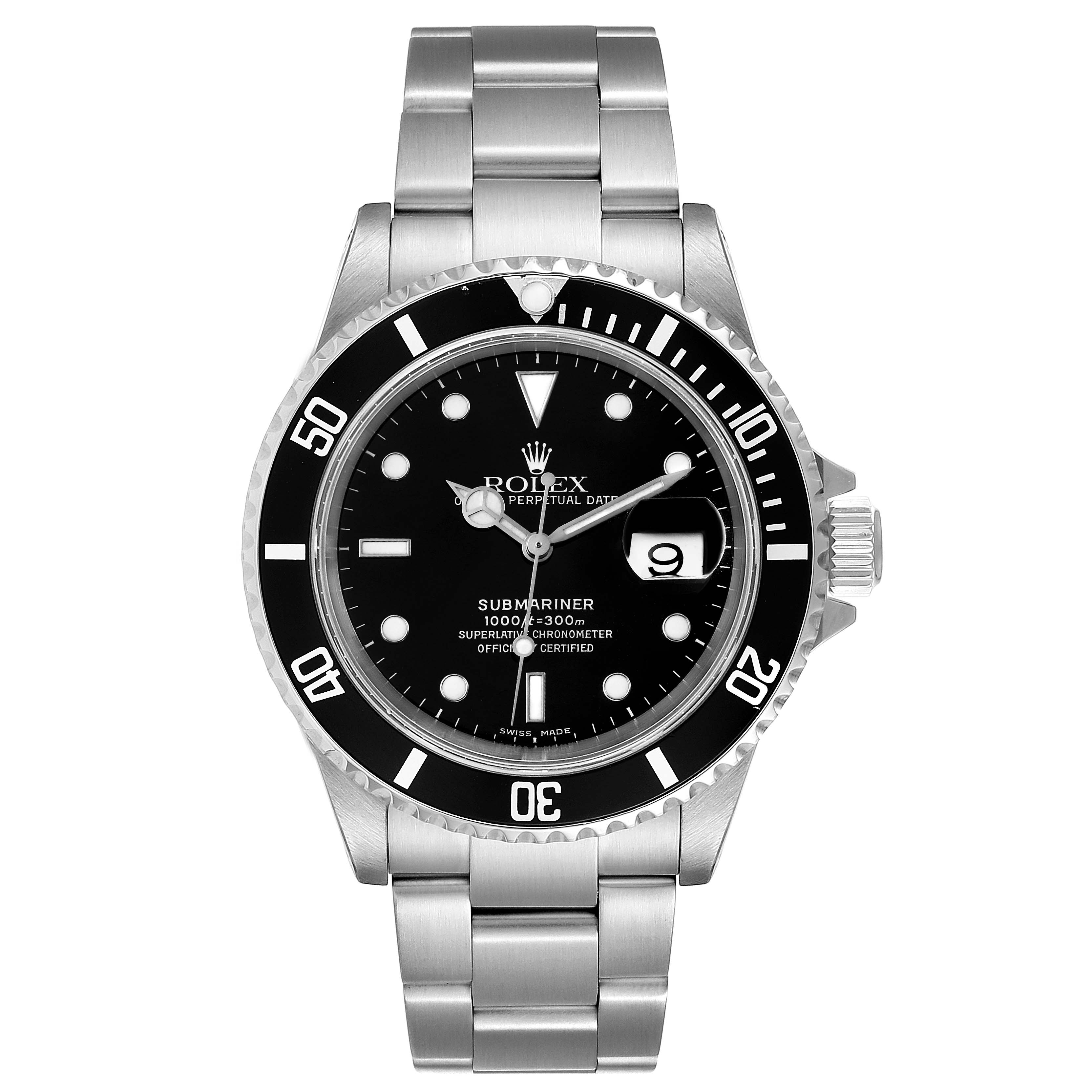 This is a front view of a Rolex Submariner 16610 Men
s Stainless Steel Black Dial 16610 Men
s Stainless Steel Black Dial watch, showcasing its dial, bezel, and bracelet.