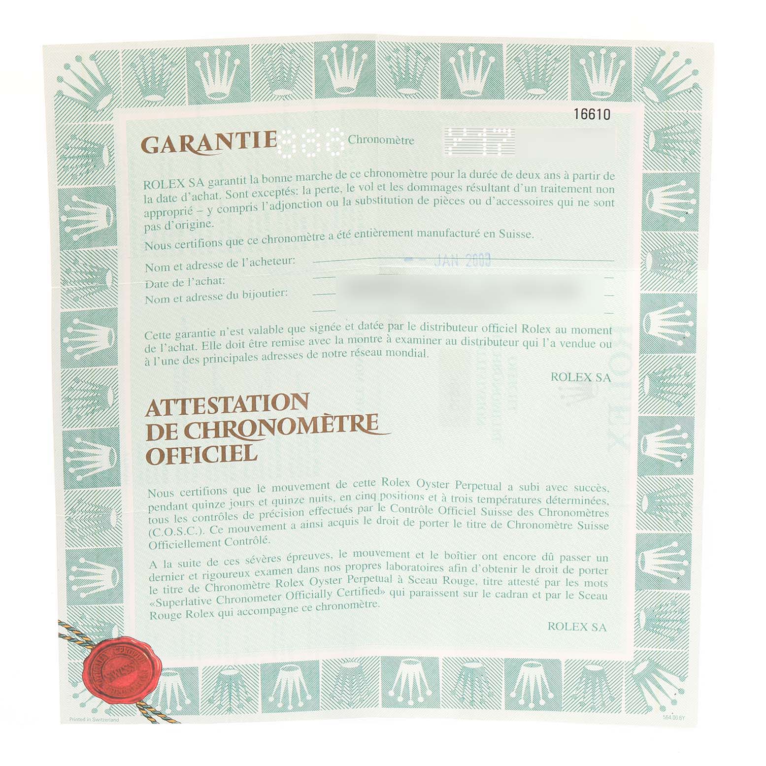 This image shows a warranty certificate for a Rolex Submariner 16610 Men
s Stainless Steel Black Dial 16610 Men
s Stainless Steel Black Dial watch, detailing the official chronometer certification.